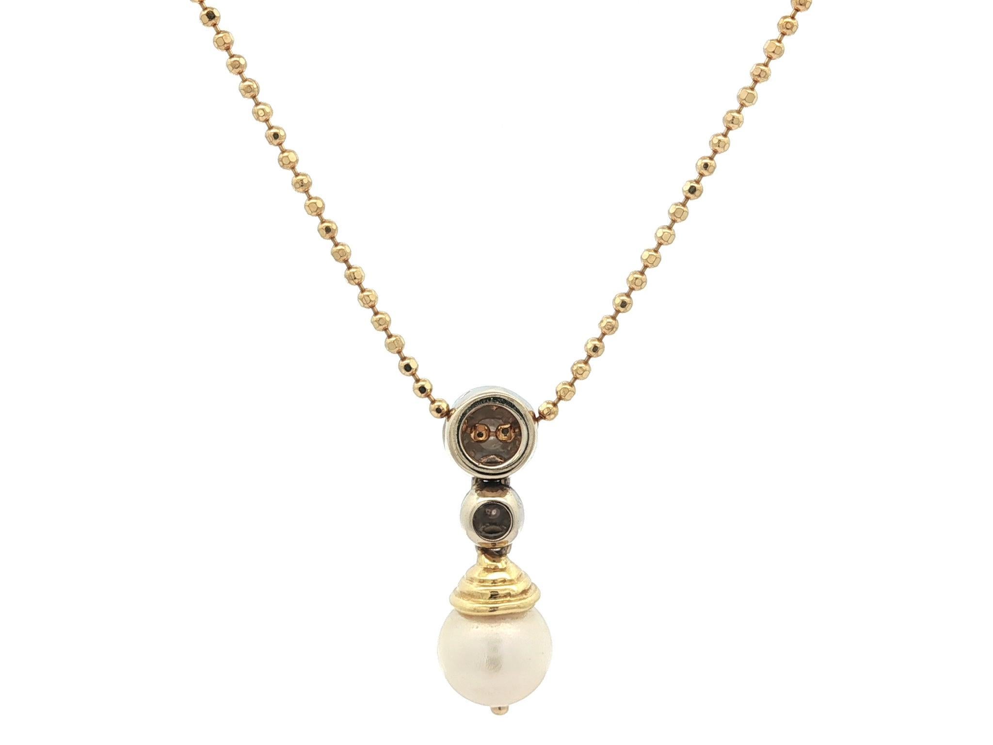 Women's Italian 18k Yellow & White Gold Peal w/ Diamond Slide Drop Pendant on Bead Chain For Sale