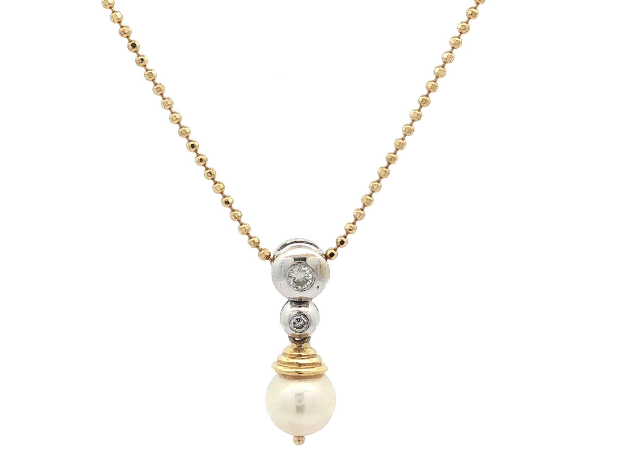 Italian 18k Yellow & White Gold Peal w/ Diamond Slide Drop Pendant on Bead Chain For Sale 1