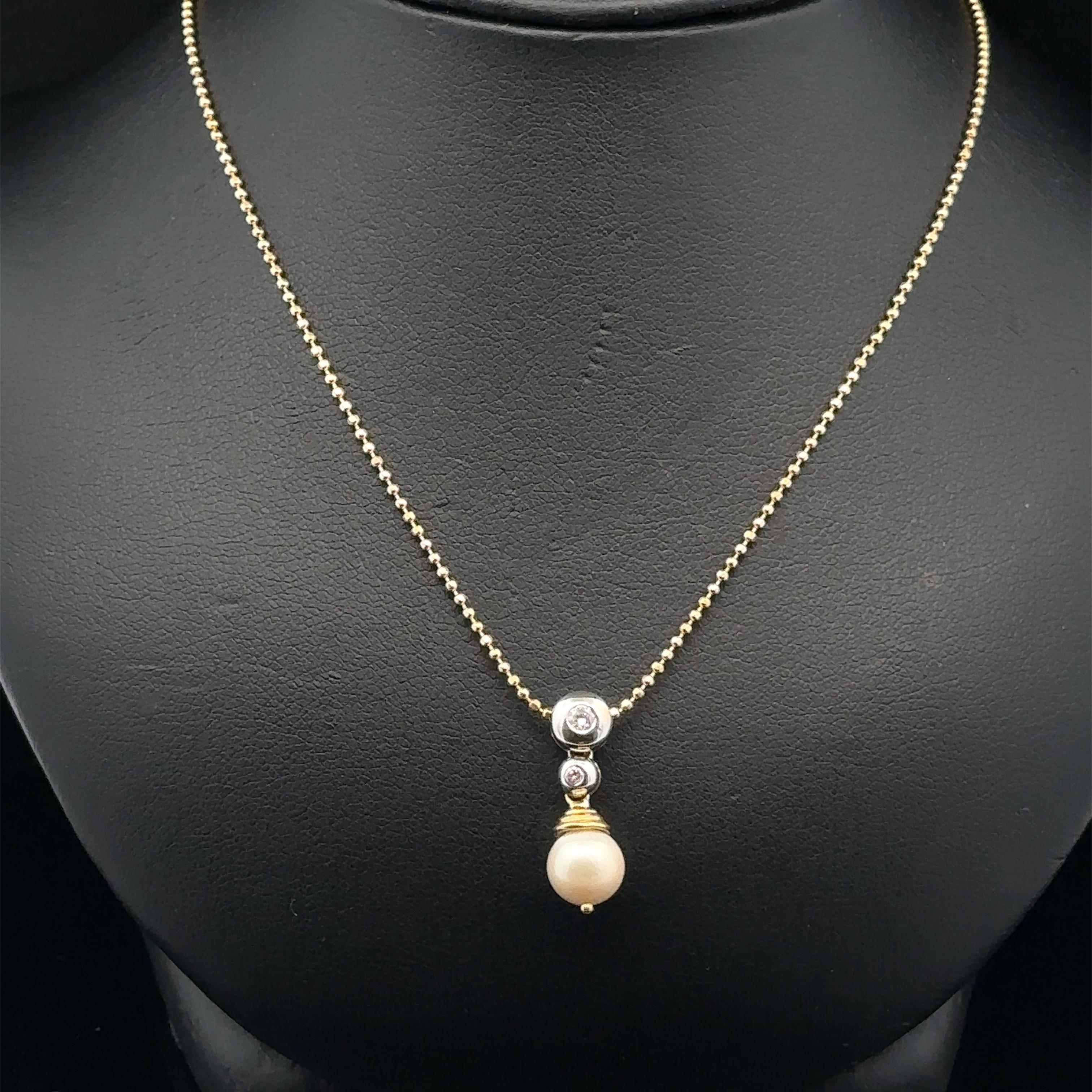 Italian 18k Yellow & White Gold Peal w/ Diamond Slide Drop Pendant on Bead Chain For Sale 3