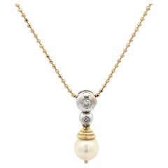Italian 18k Yellow & White Gold Peal w/ Diamond Slide Drop Pendant on Bead Chain