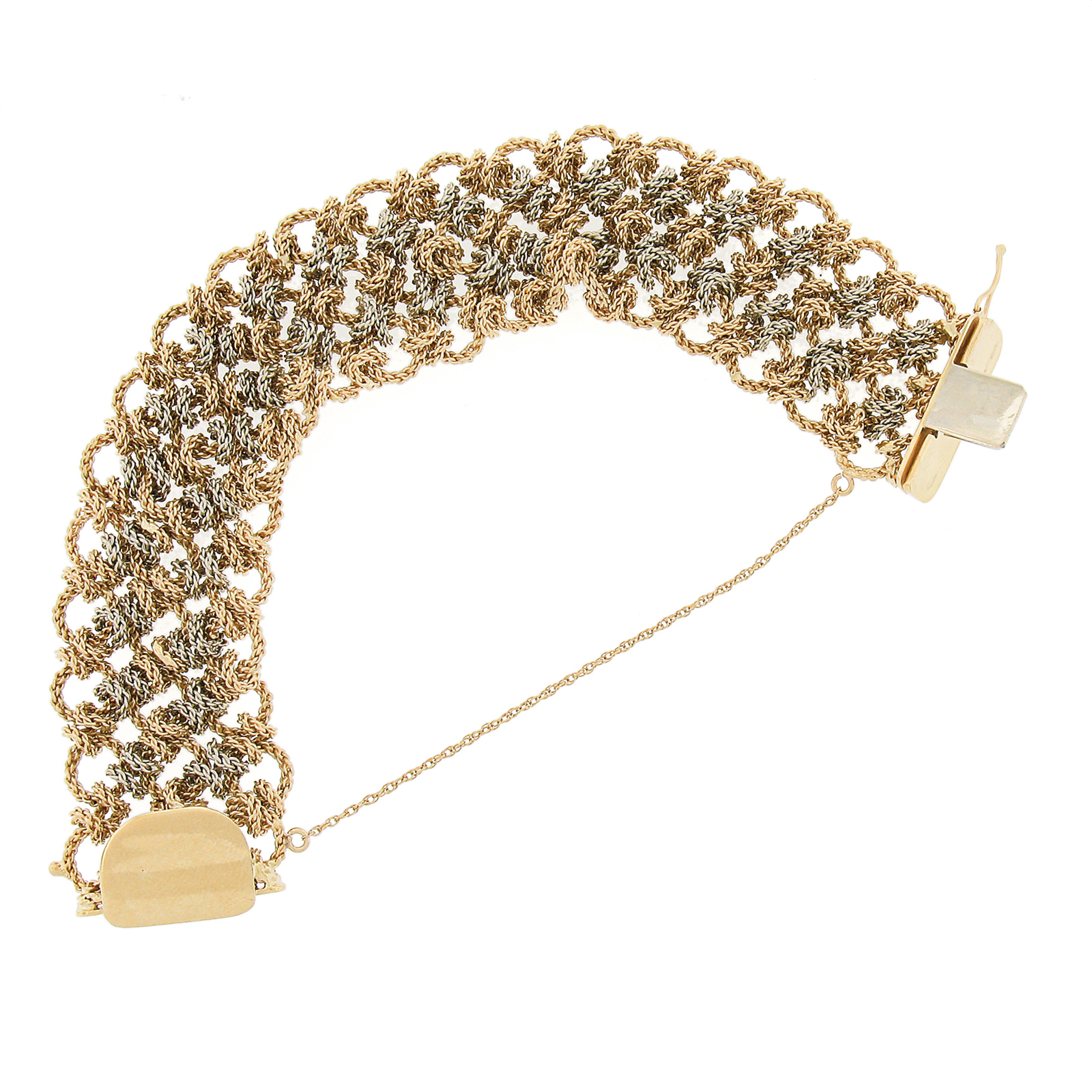 Women's Italian 18K Yellow & White Gold Textured Interlocking Wide Link Chain Bracelet For Sale