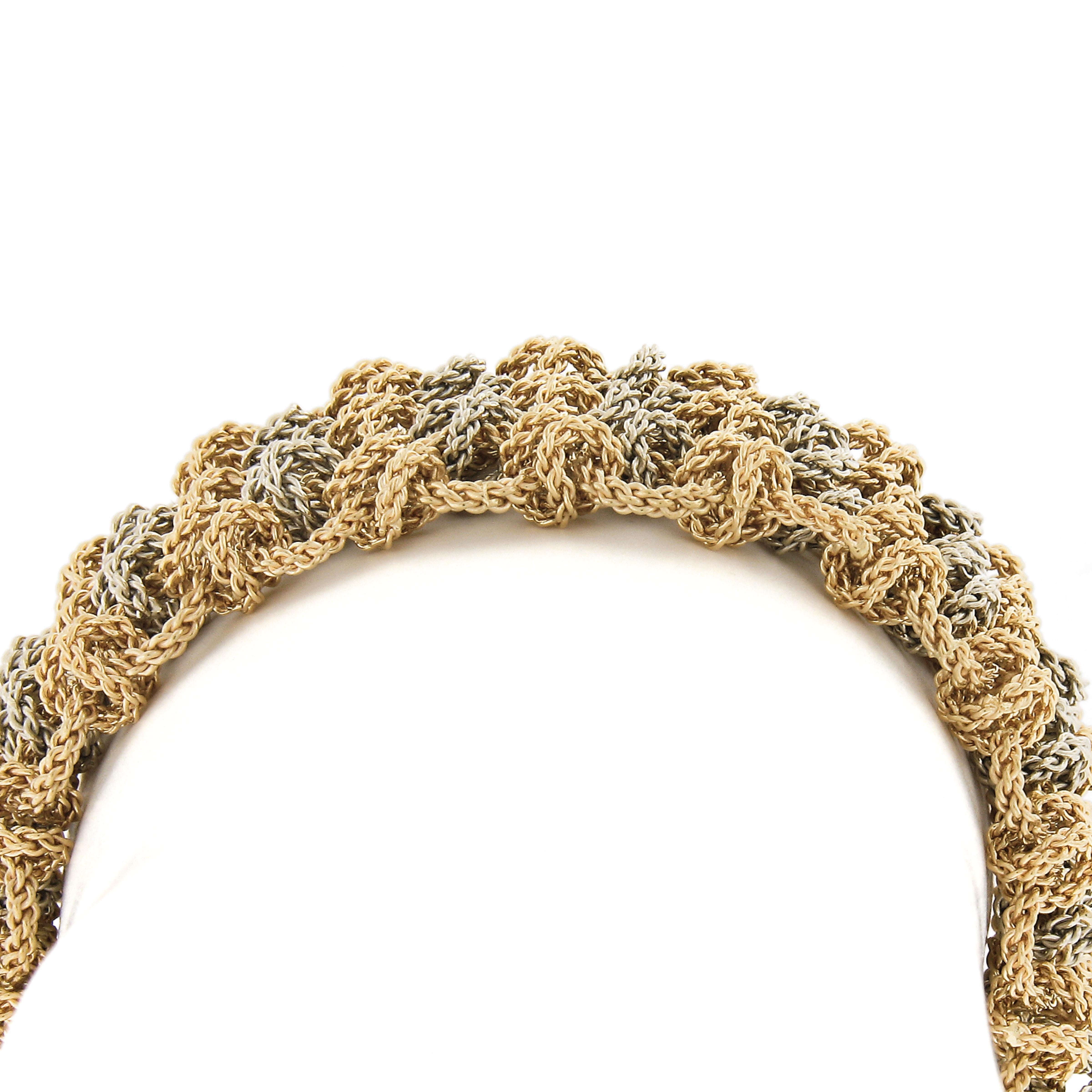 Italian 18K Yellow & White Gold Textured Interlocking Wide Link Chain Bracelet For Sale 1