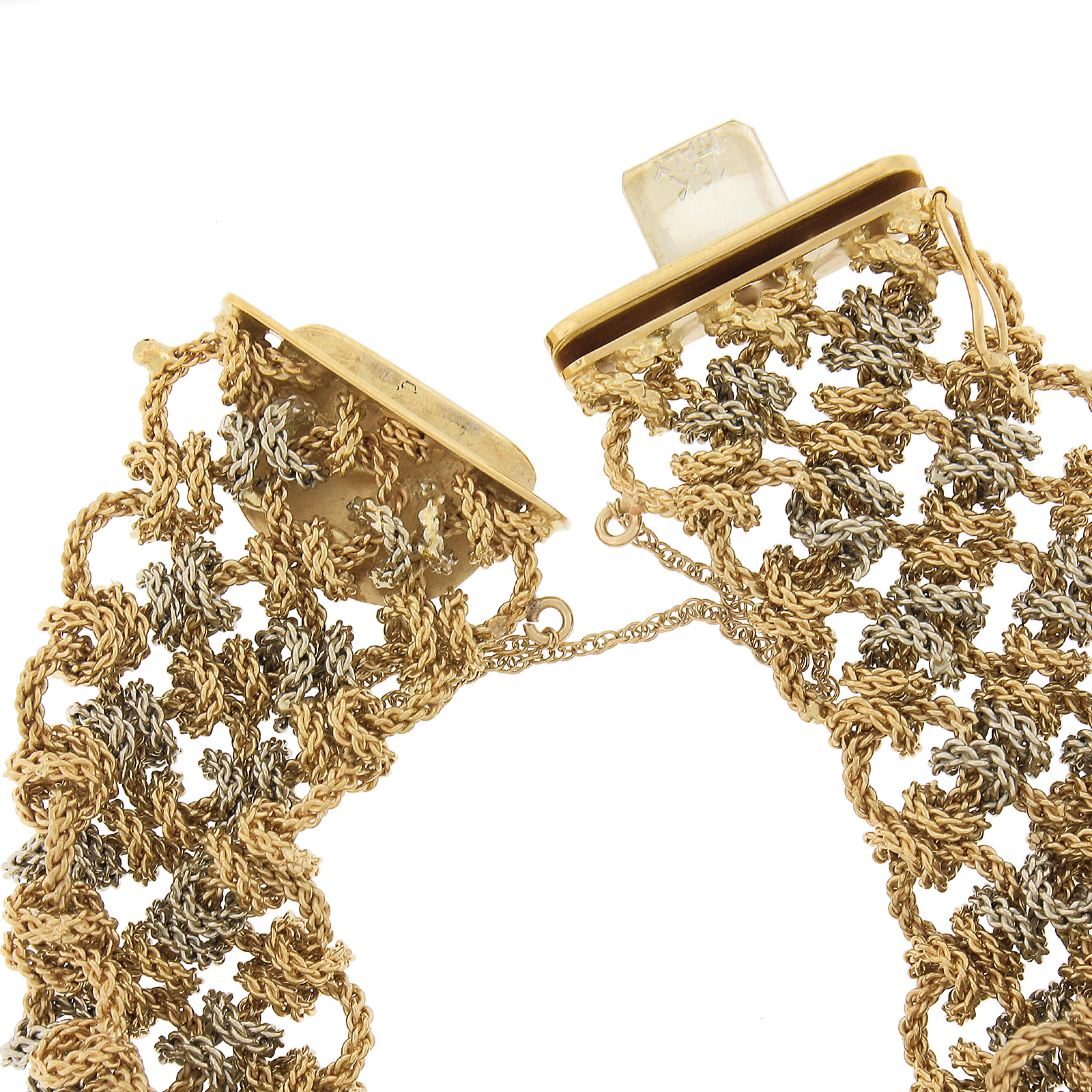 Italian 18K Yellow & White Gold Textured Interlocking Wide Link Chain Bracelet For Sale 2