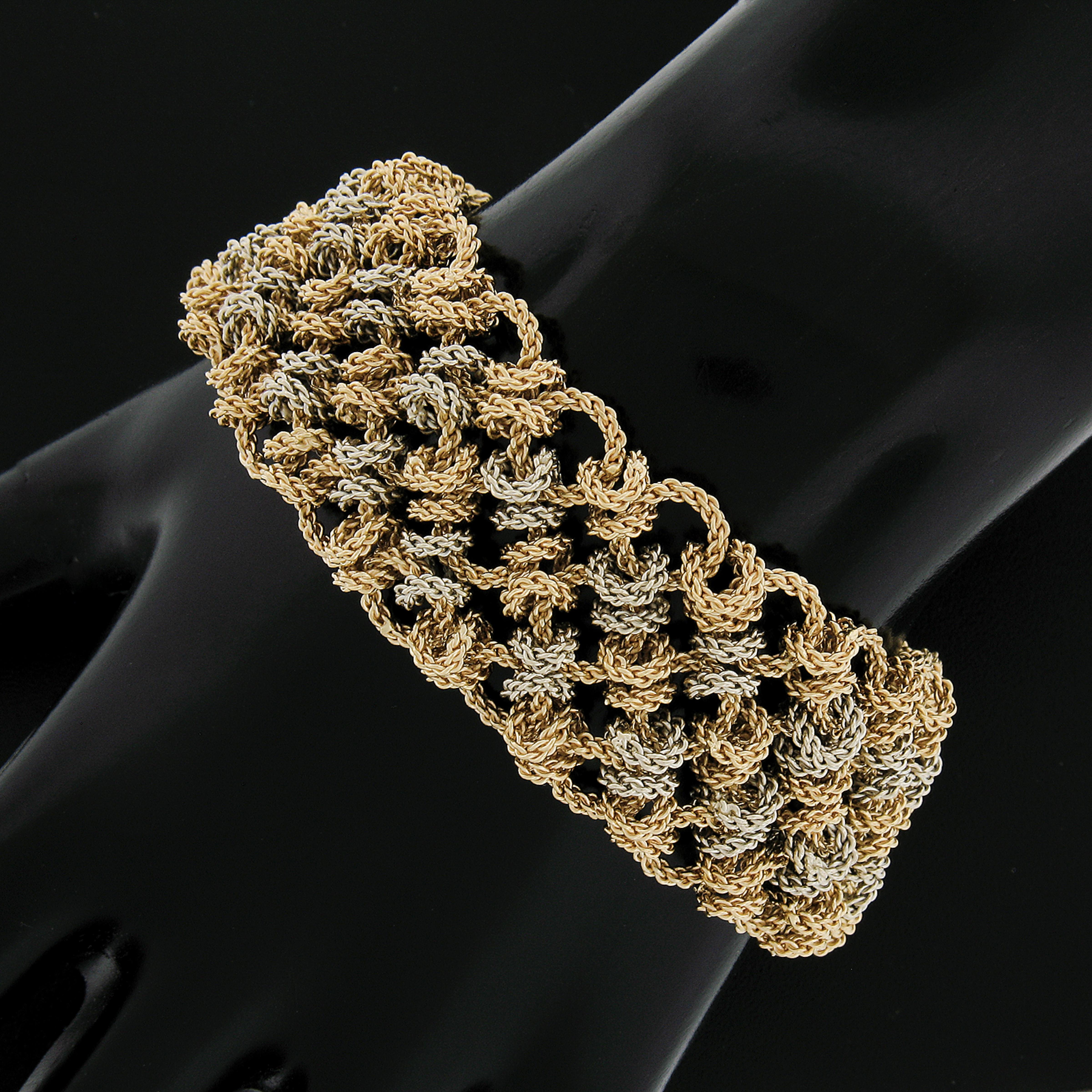 Italian 18K Yellow & White Gold Textured Interlocking Wide Link Chain Bracelet For Sale 3