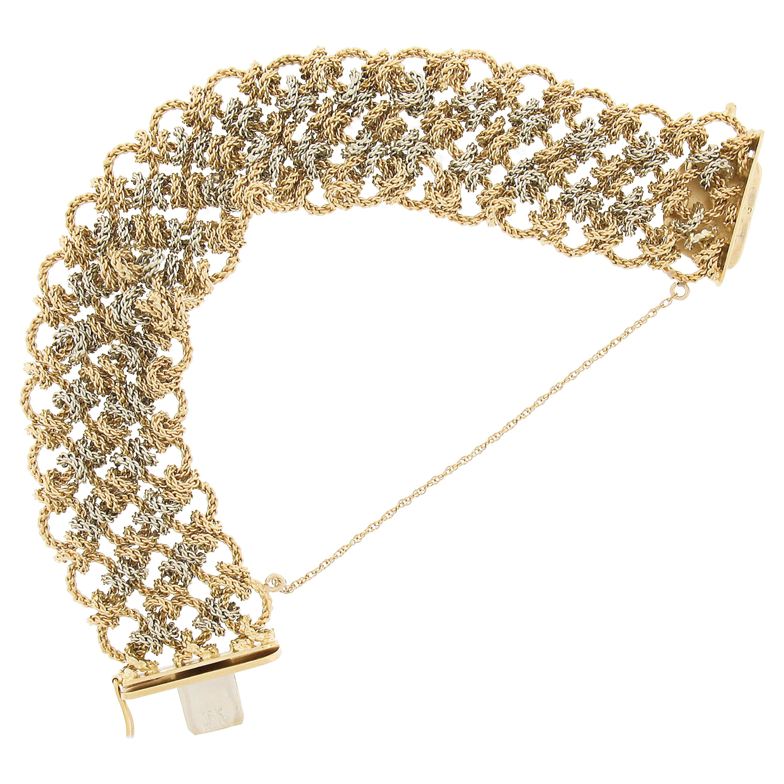 Italian 18K Yellow & White Gold Textured Interlocking Wide Link Chain Bracelet For Sale