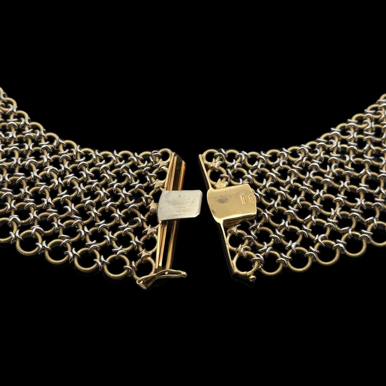 Collier italien en or jaune et blanc 18k à large maille texturée et entrelacée, 16