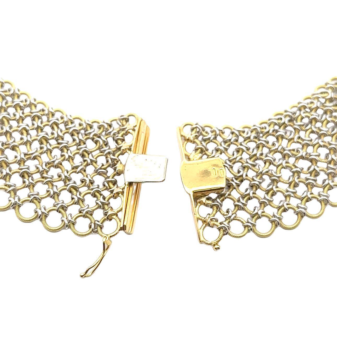 Collier italien en or jaune et blanc 18k à large maille texturée et entrelacée, 16