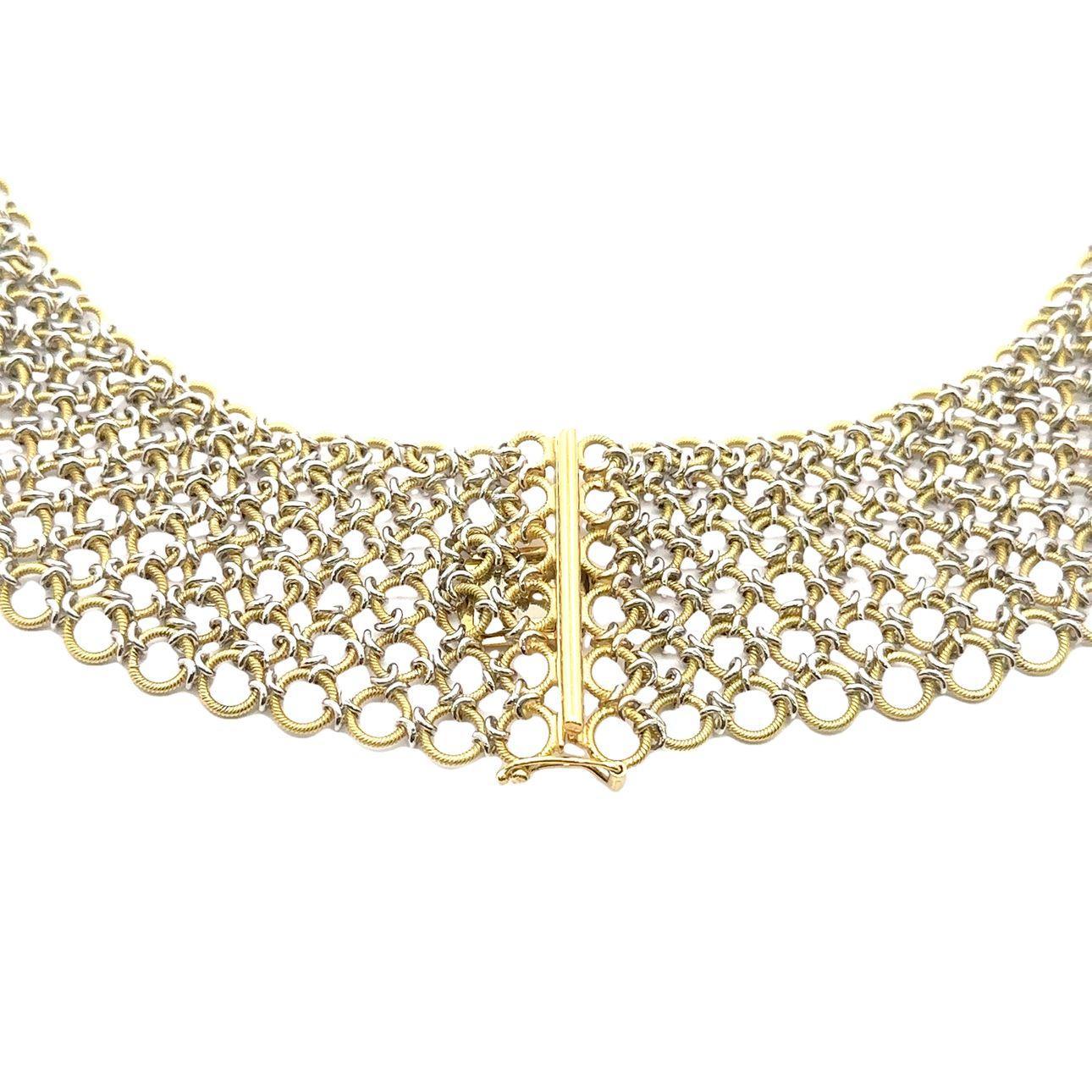 Collier italien en or jaune et blanc 18k à large maille texturée et entrelacée, 16