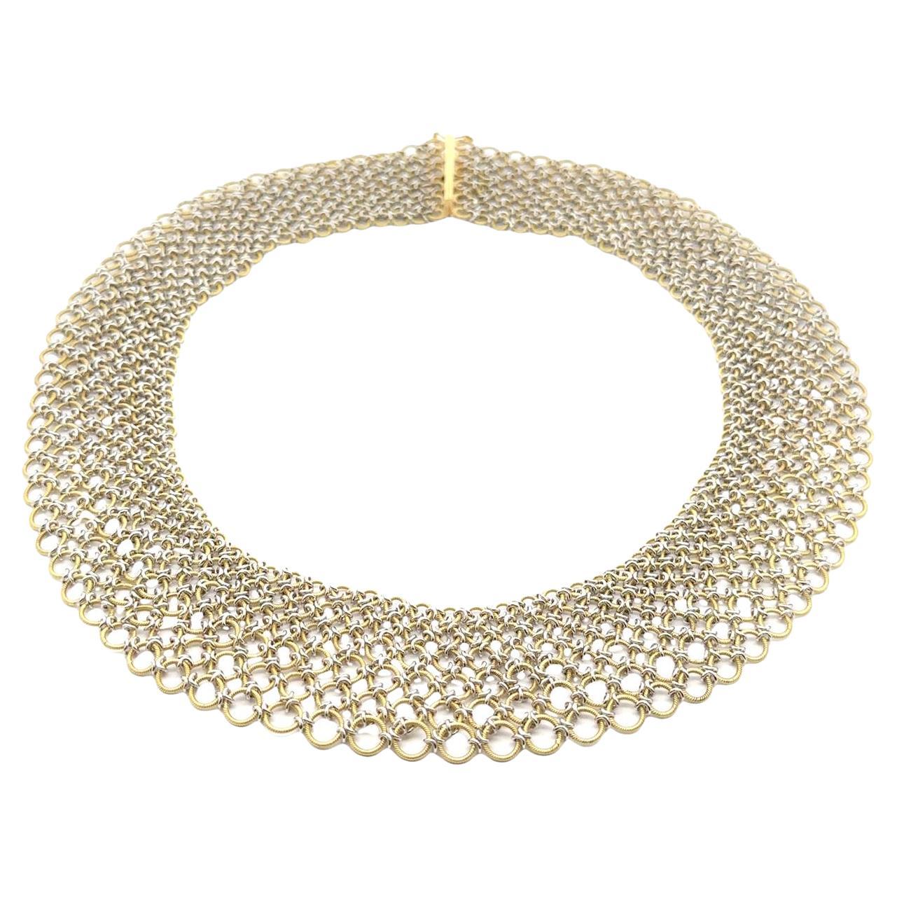 Italian 18k Yellow & White Gold Wide Textured Interlocking Mesh 16" Bib Necklace
