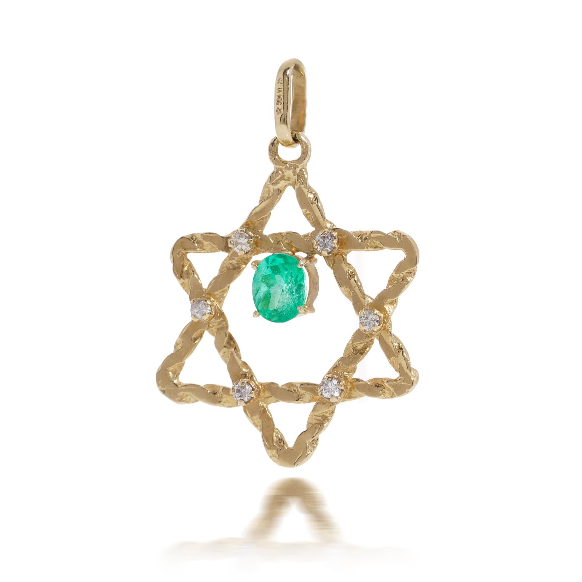 Brilliant Cut Italian 18kt. gold star of David pendant set with emerald and diamonds For Sale