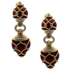 ITALIAN 18kt Gold Enamel Clip on Earrings with Emeralds and Diamonds