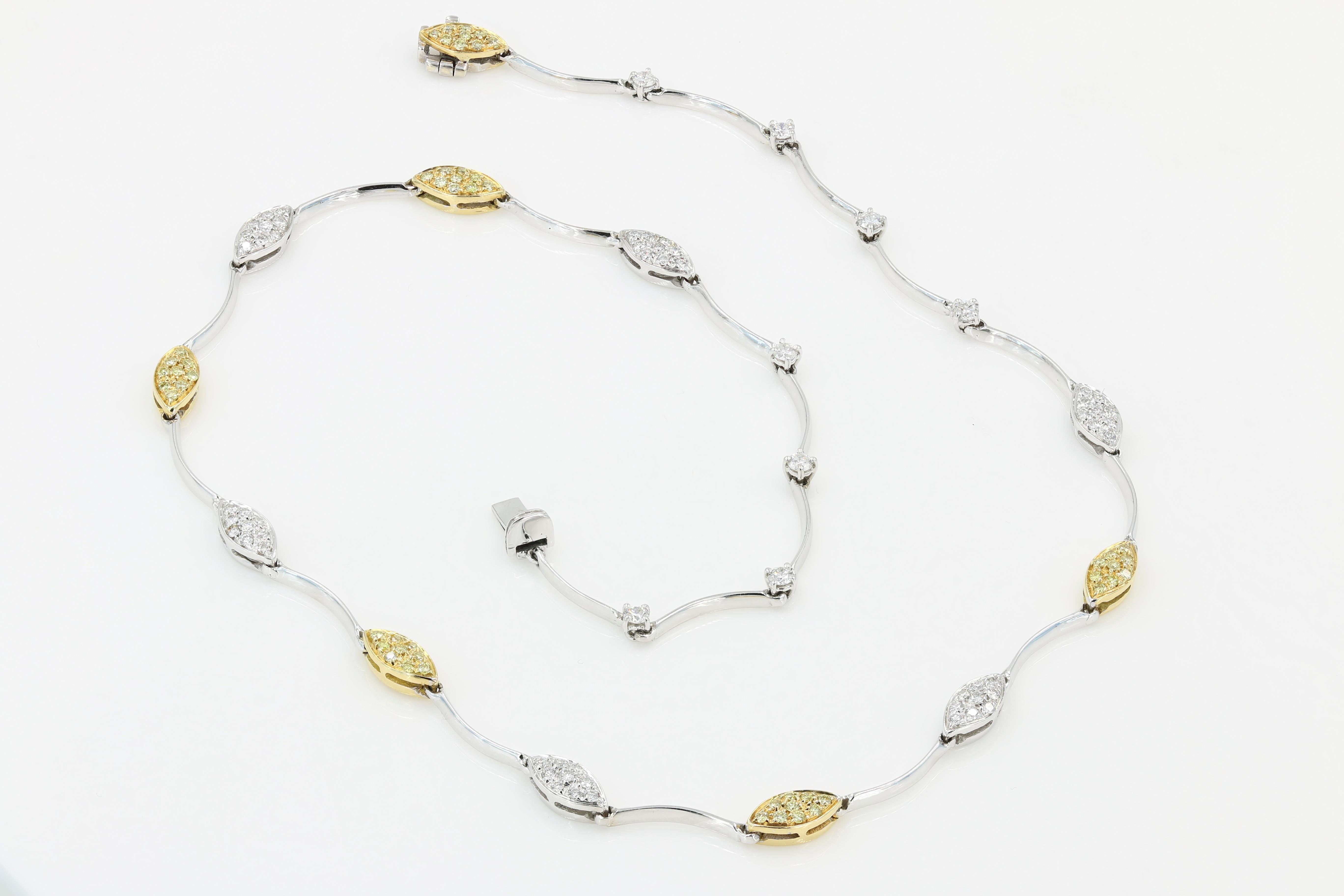 Round Cut Italian 18kt White and Yellow Gold Necklace with Natural Yellow & White Diamonds