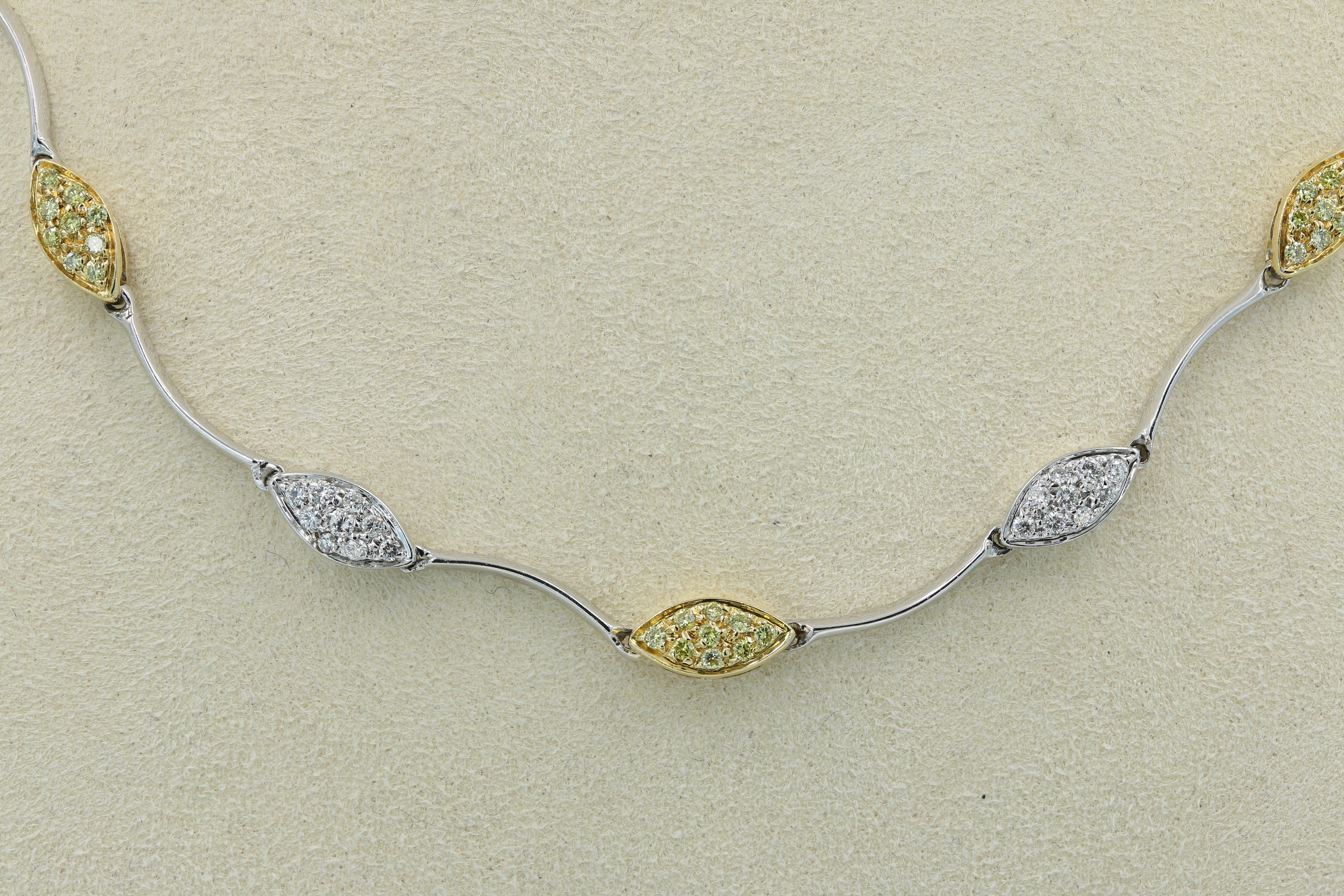 Women's or Men's Italian 18kt White and Yellow Gold Necklace with Natural Yellow & White Diamonds