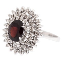 Retro Italian 18 karat White Gold Cocktail Ring with Diamonds and Garnet