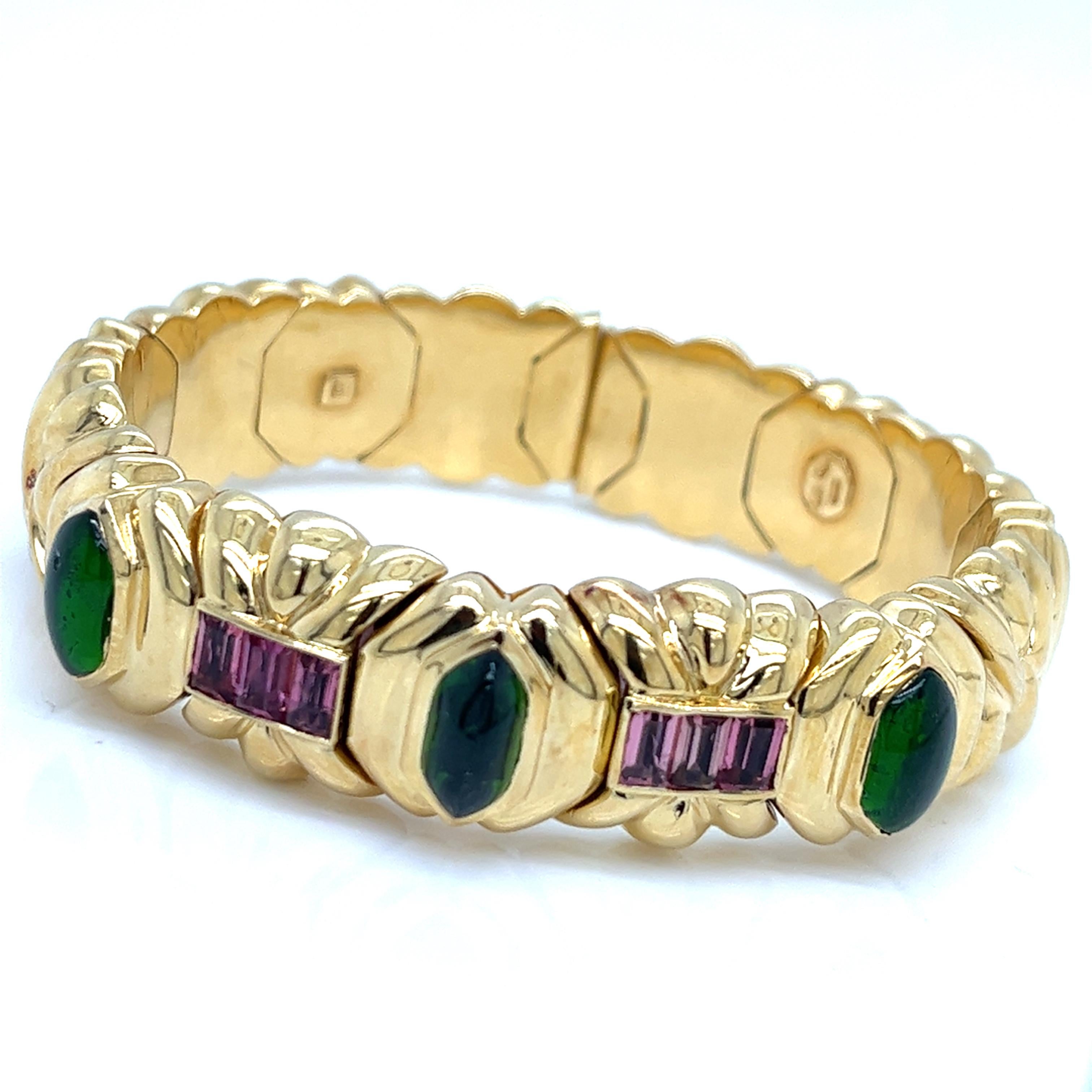 Contemporary Italian 18Kt Yellow Gold Bracelet with Green and Pink Tourmaline 71.00 Grs For Sale