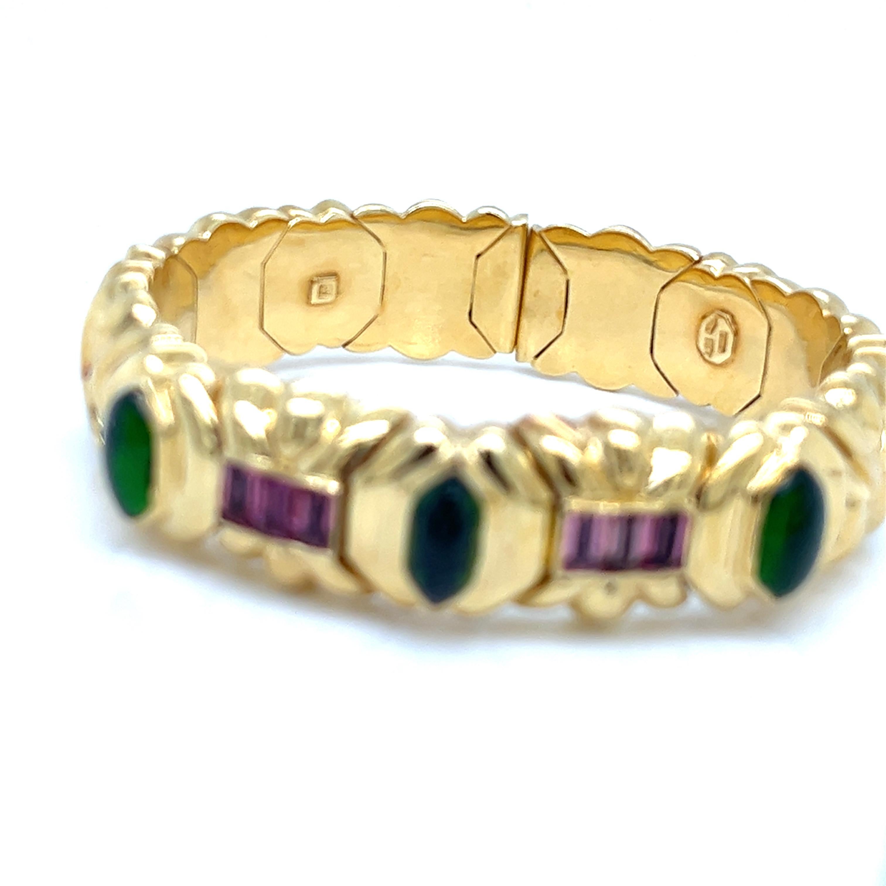 Hexagon Cut Italian 18Kt Yellow Gold Bracelet with Green and Pink Tourmaline 71.00 Grs For Sale