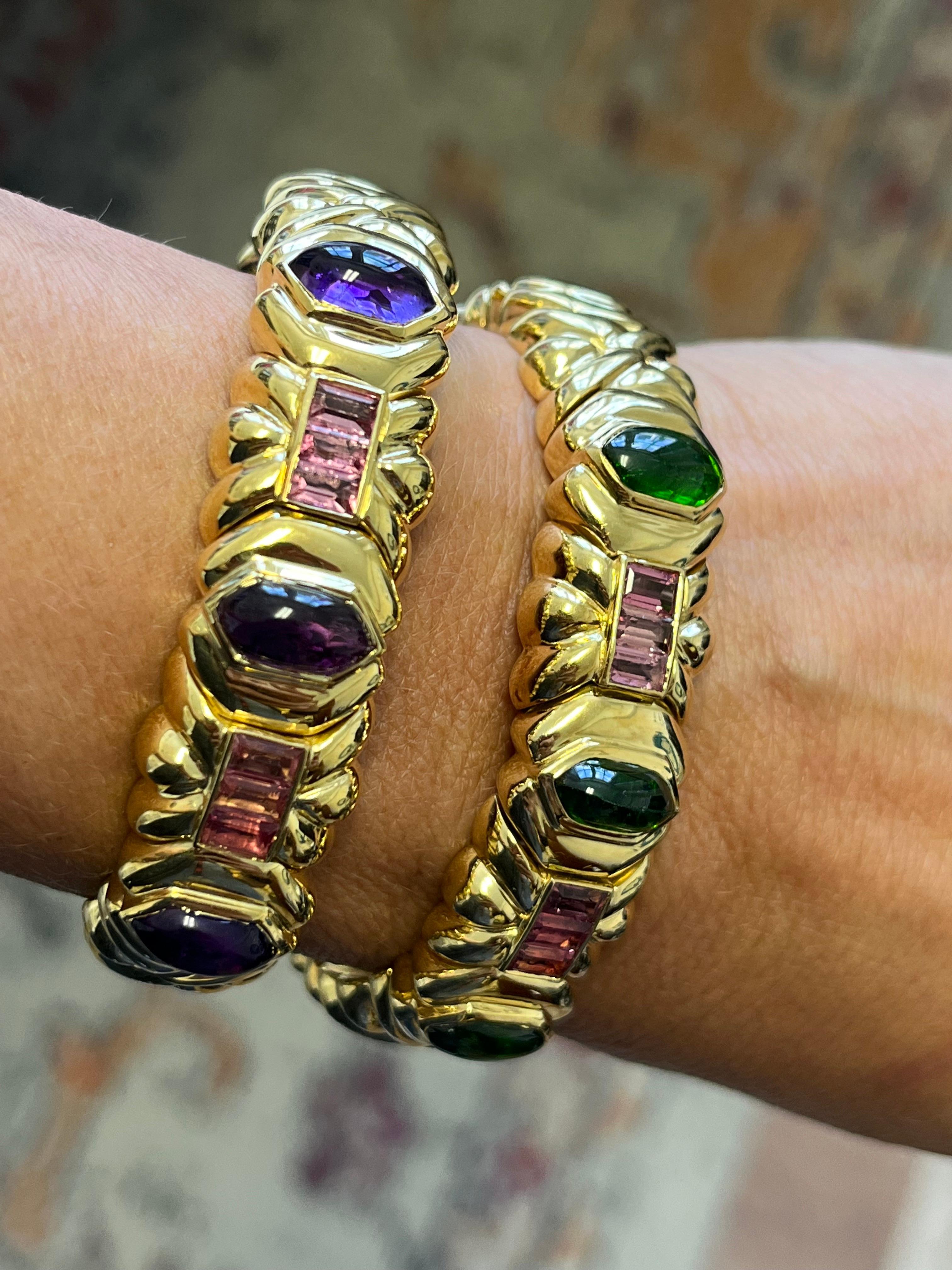 Italian 18Kt Yellow Gold Bracelet with Green and Pink Tourmaline 71.00 Grs In Excellent Condition For Sale In Miami, FL