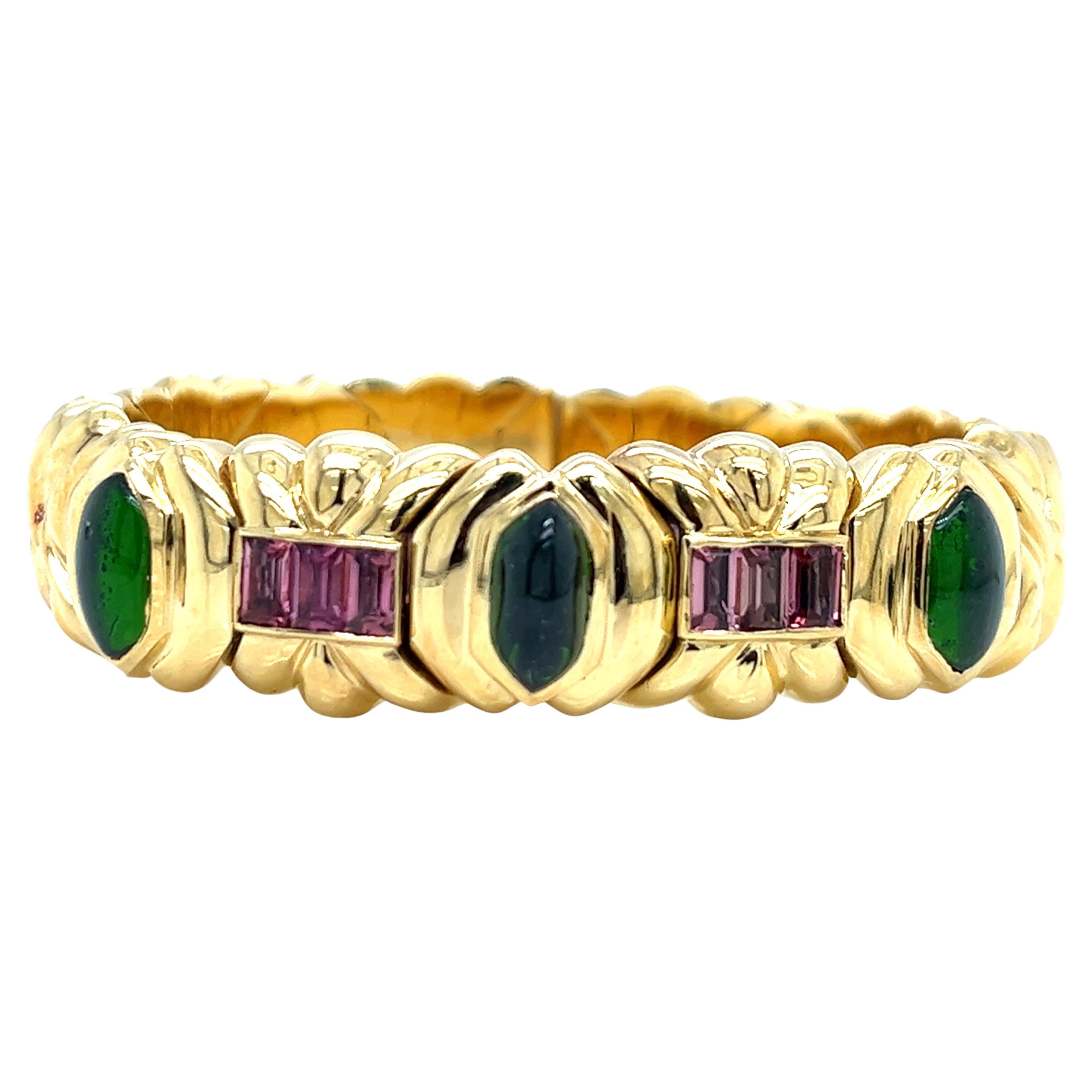 Italian 18Kt Yellow Gold Bracelet with Green and Pink Tourmaline 71.00 Grs For Sale