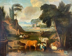 Classical Italian 18th Century Old Master Oil Painting Shepherdess with Animals 