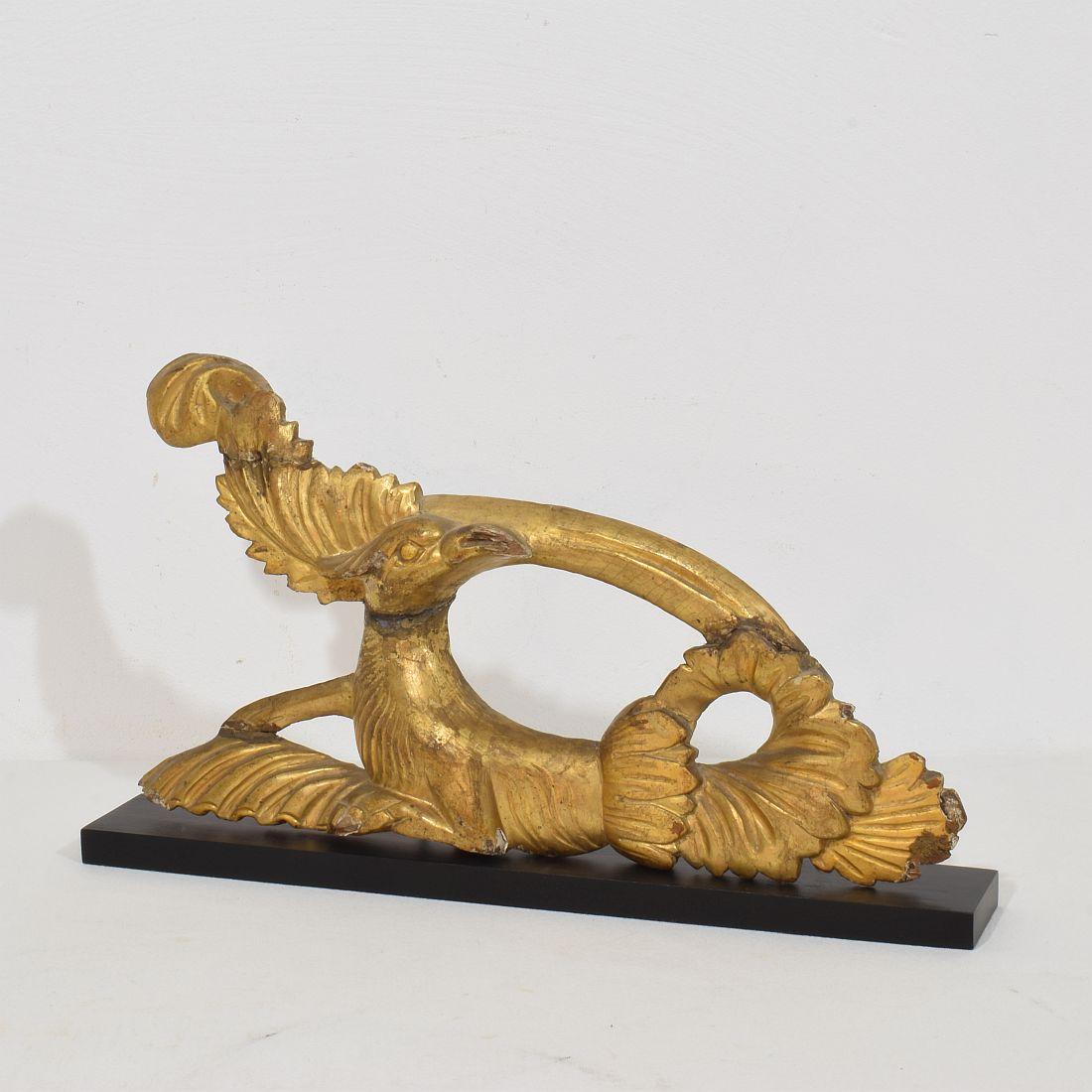 Precioso adorno de pájaro de madera dorada tallado a mano. 
Italia hacia 1780-1820 . Desgaste y pequeñas pérdidas y reparaciones antiguas
Medidas  incluye la base de madera.
H:23cm  Anch:41cm Prof:6,5cm 