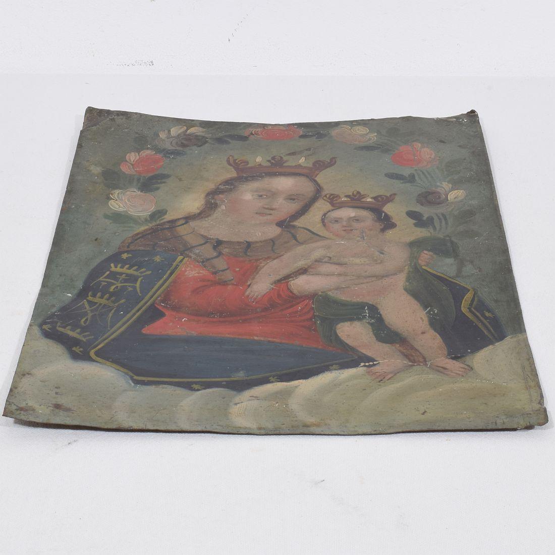Dipinto francese del XVIII/XIX secolo raffigurante Maria con Gesù Bambino su metallo in vendita 6