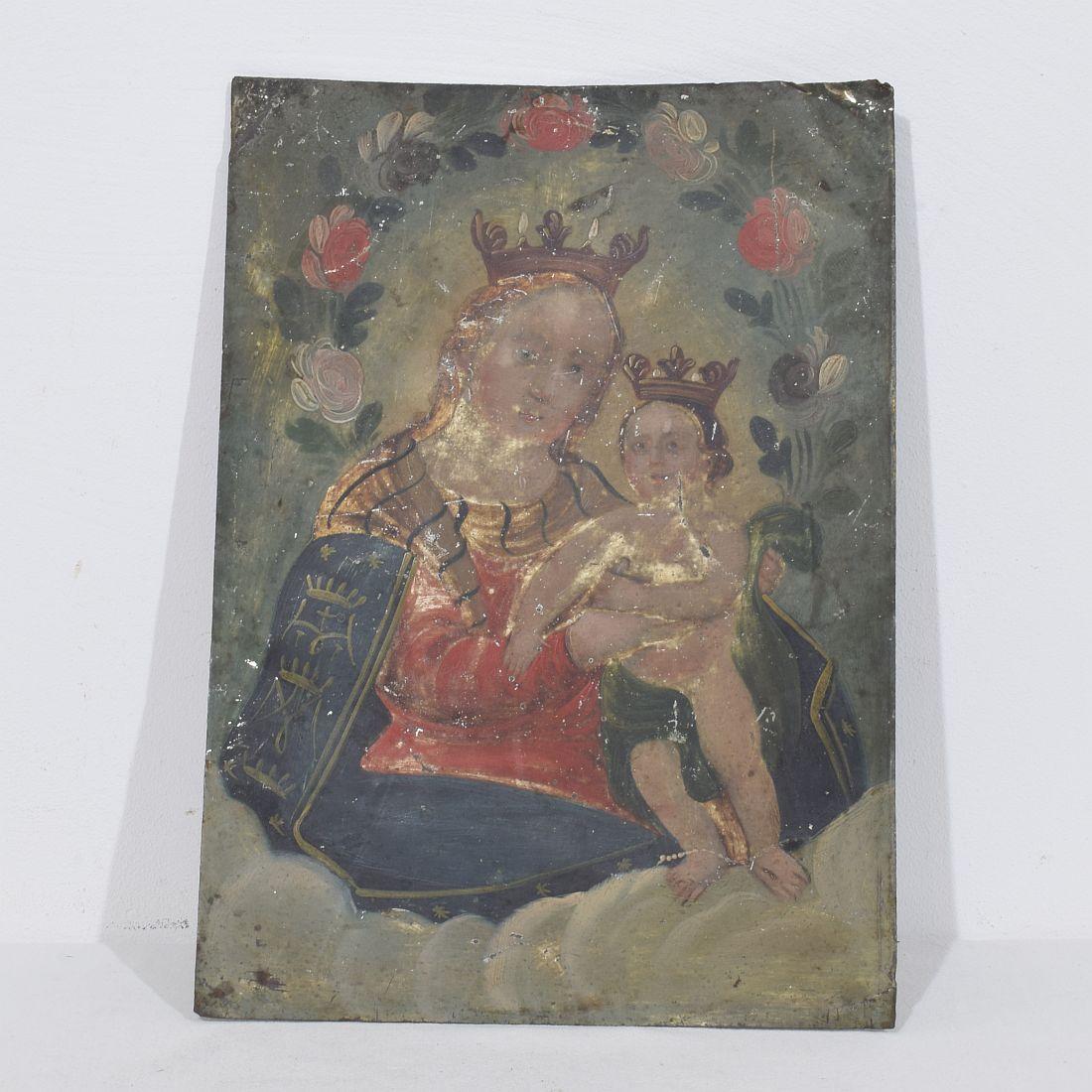 Dipinto francese del XVIII/XIX secolo raffigurante Maria con Gesù Bambino su metallo in vendita 7