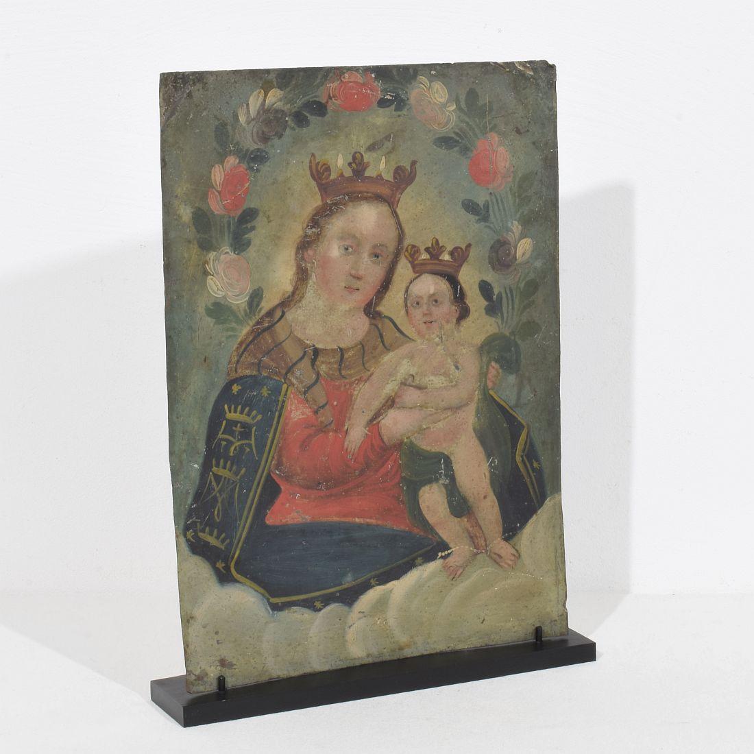 Stile provenzale Dipinto francese del XVIII/XIX secolo raffigurante Maria con Gesù Bambino su metallo in vendita