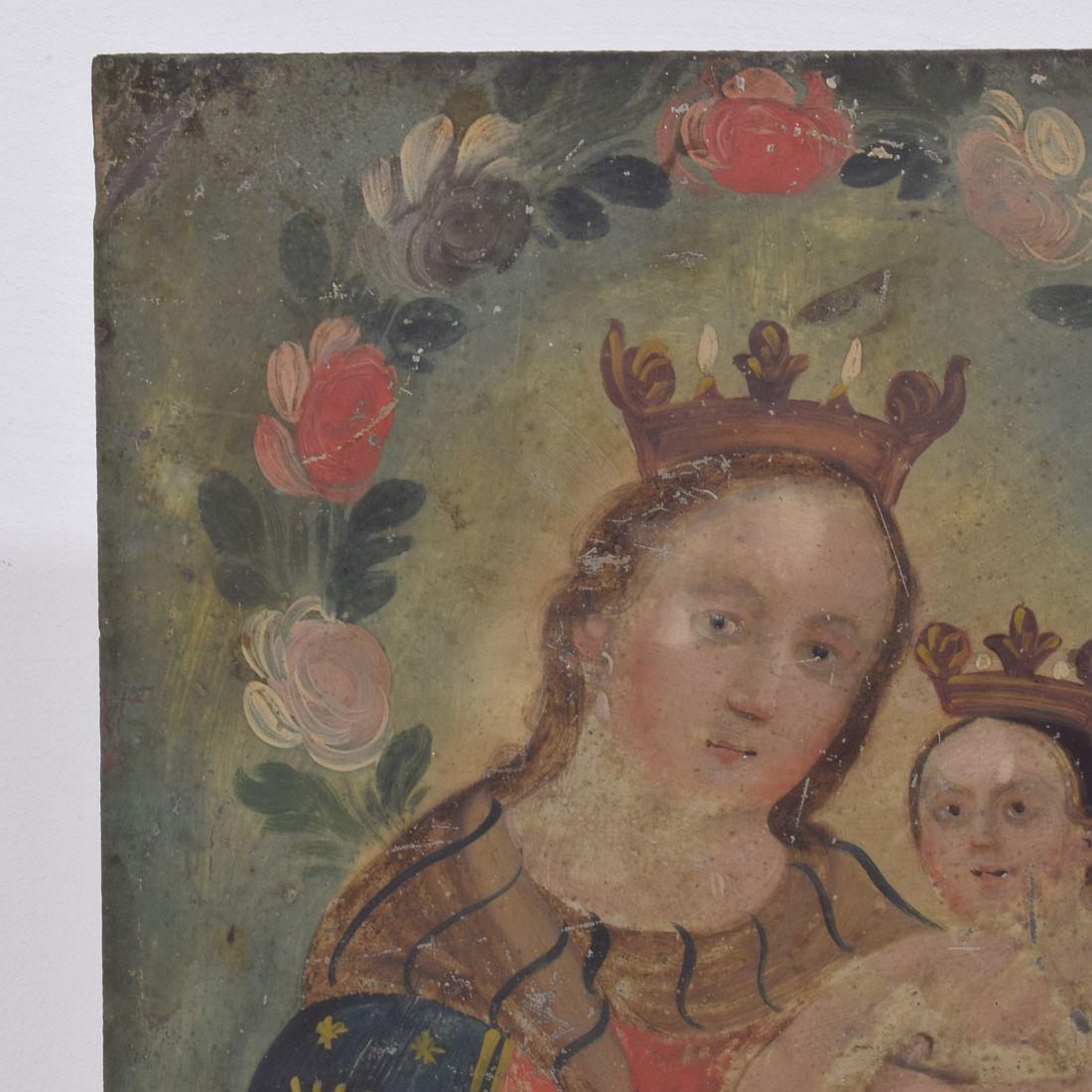 Metallo Dipinto francese del XVIII/XIX secolo raffigurante Maria con Gesù Bambino su metallo in vendita