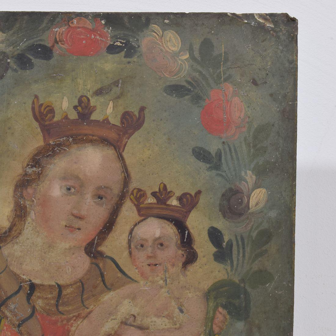 Dipinto francese del XVIII/XIX secolo raffigurante Maria con Gesù Bambino su metallo in vendita 1