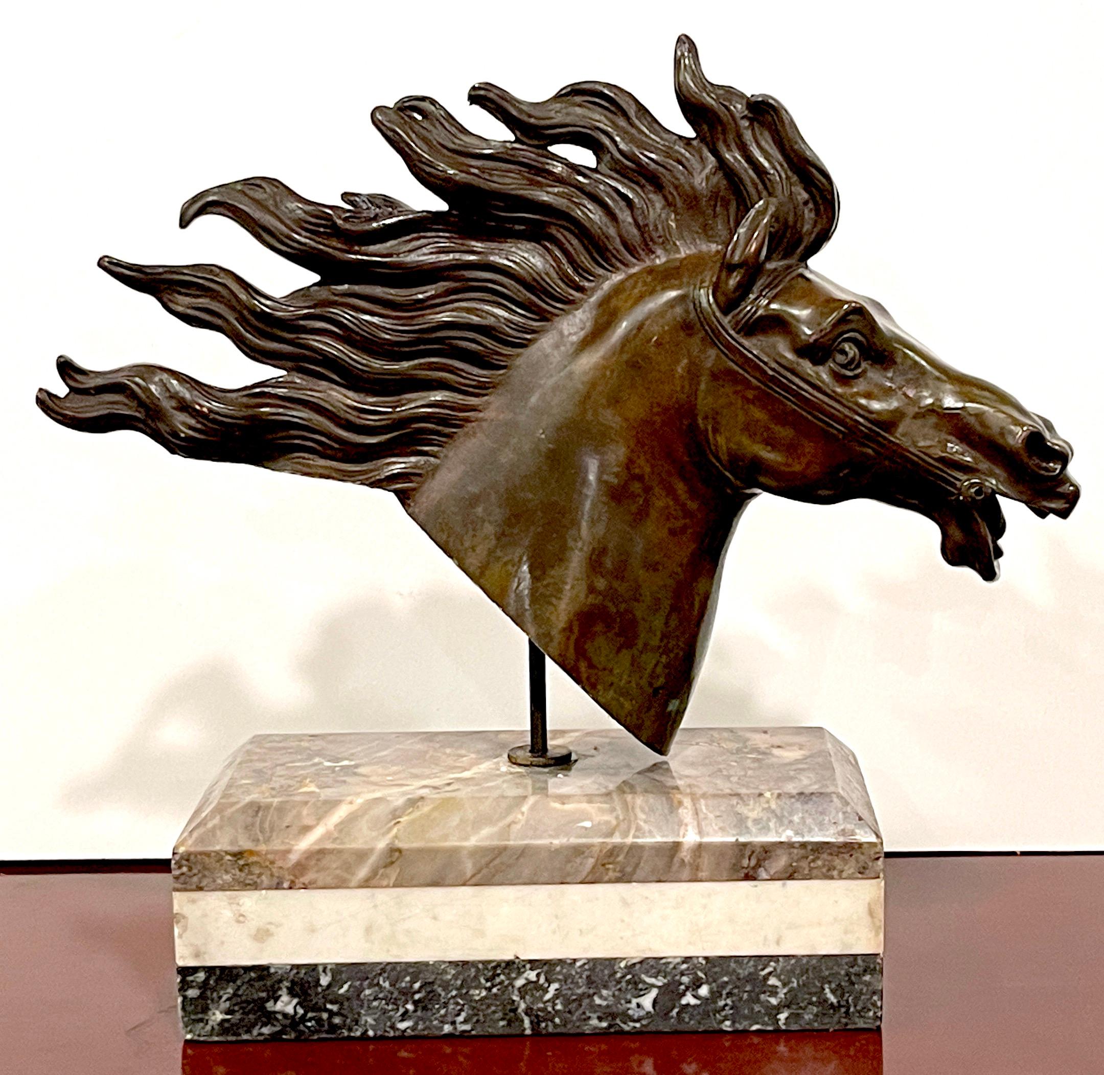 Italian 18th C Grand Tour Roman Bronze Bust of a Horse, Specimen Marble Base
Italy, Later 18th Century 
 A Italian 18th Century Grand Tour Roman Bronze Bust of a Horse, displayed on a captivating Specimen Marble Base. 

The craftsmanship of this