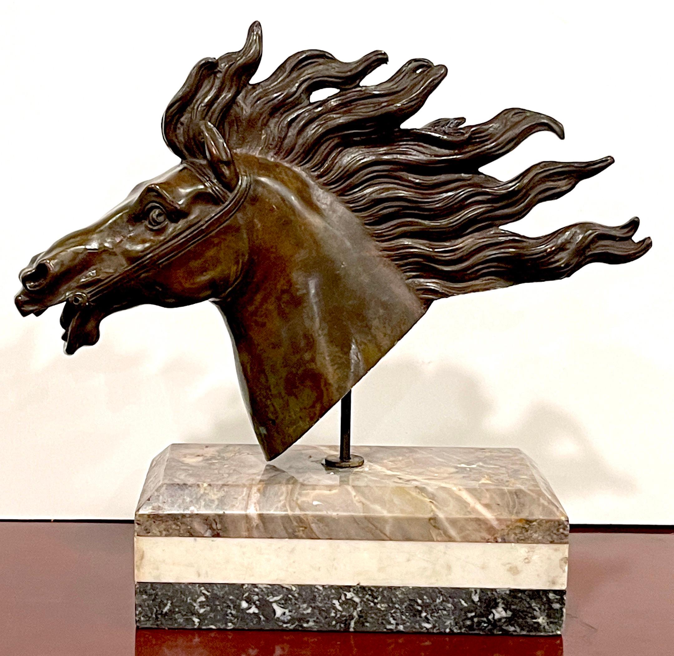 Cast Italian 18th C Grand Tour Roman Bronze  Bust of a Horse, Specimen Marble Base For Sale