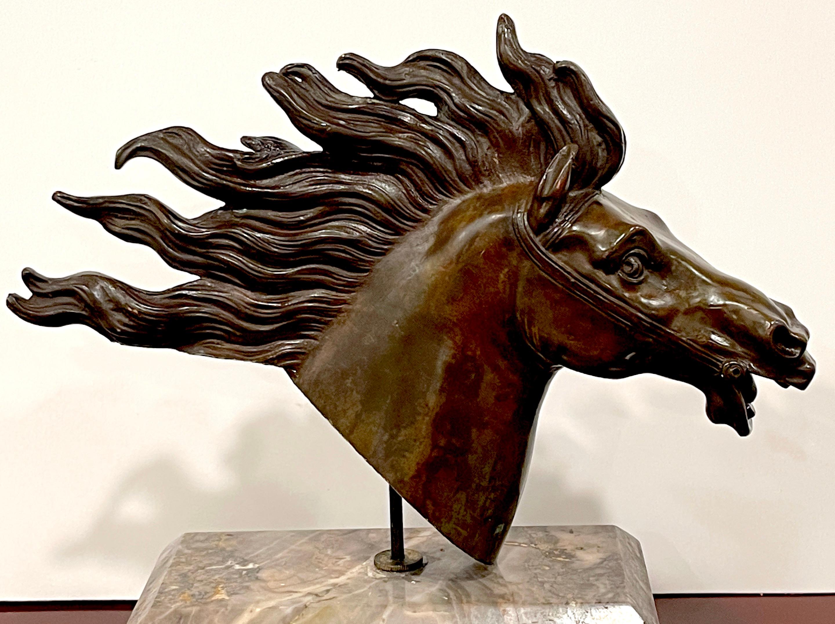 Italian 18th C Grand Tour Roman Bronze  Bust of a Horse, Specimen Marble Base In Good Condition For Sale In West Palm Beach, FL