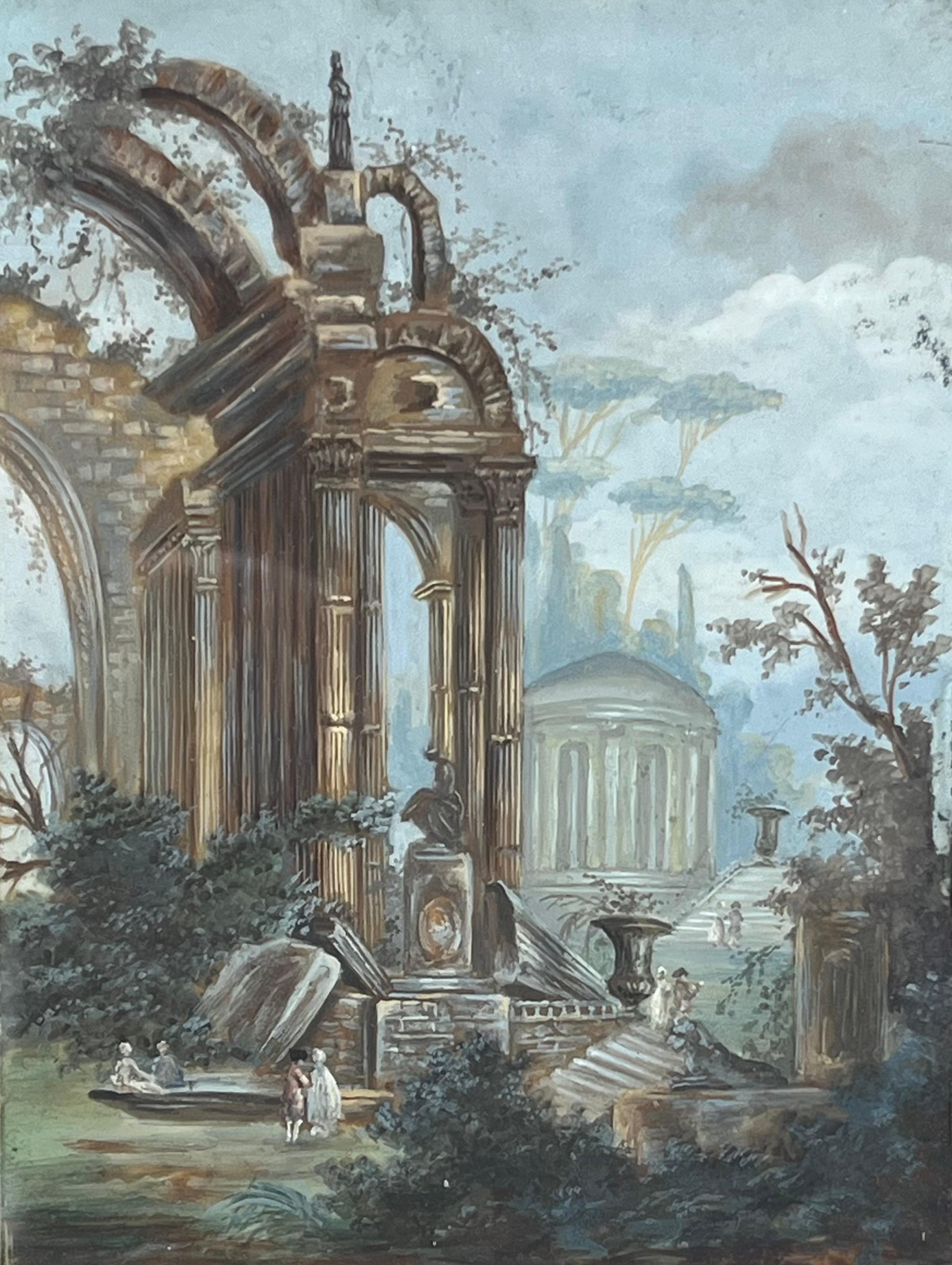 Peint à la main Miniature italienne du 18ème C. Capriccio, Ruines, Figures attr. à Giovanni Panini en vente