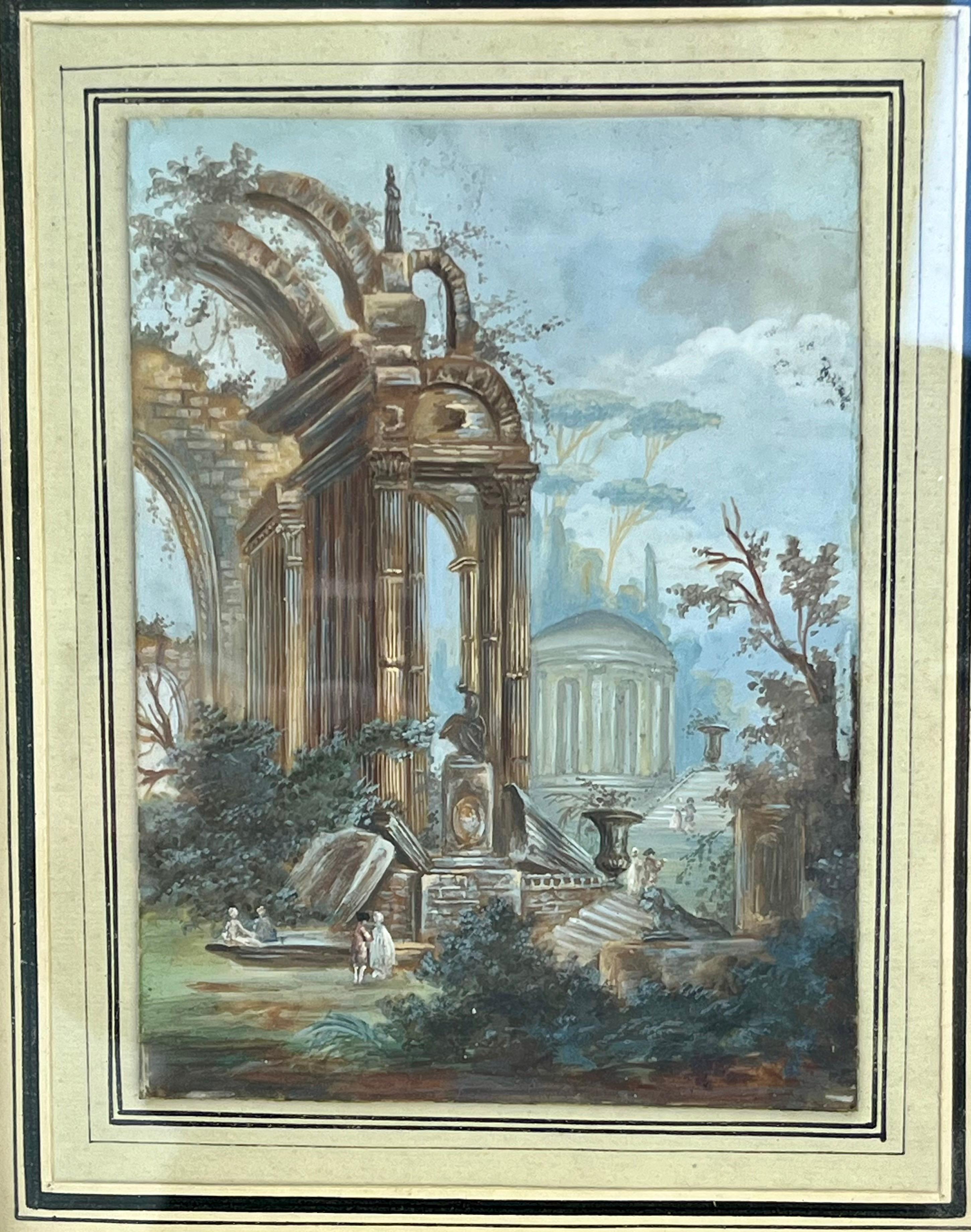 Miniature italienne du 18ème C. Capriccio, Ruines, Figures attr. à Giovanni Panini Bon état - En vente à Vero Beach, FL