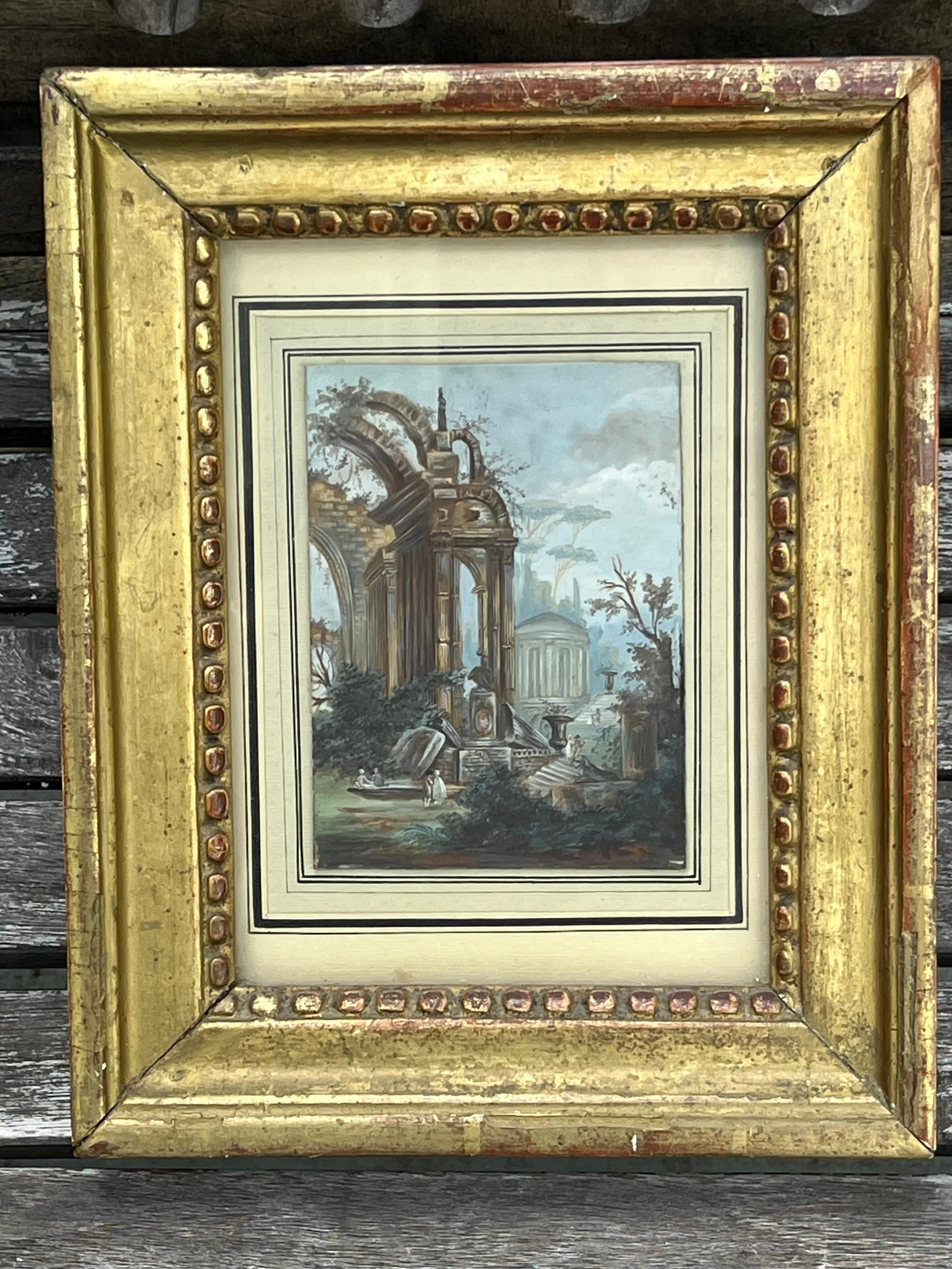 XVIIIe siècle et antérieur Miniature italienne du 18ème C. Capriccio, Ruines, Figures attr. à Giovanni Panini en vente