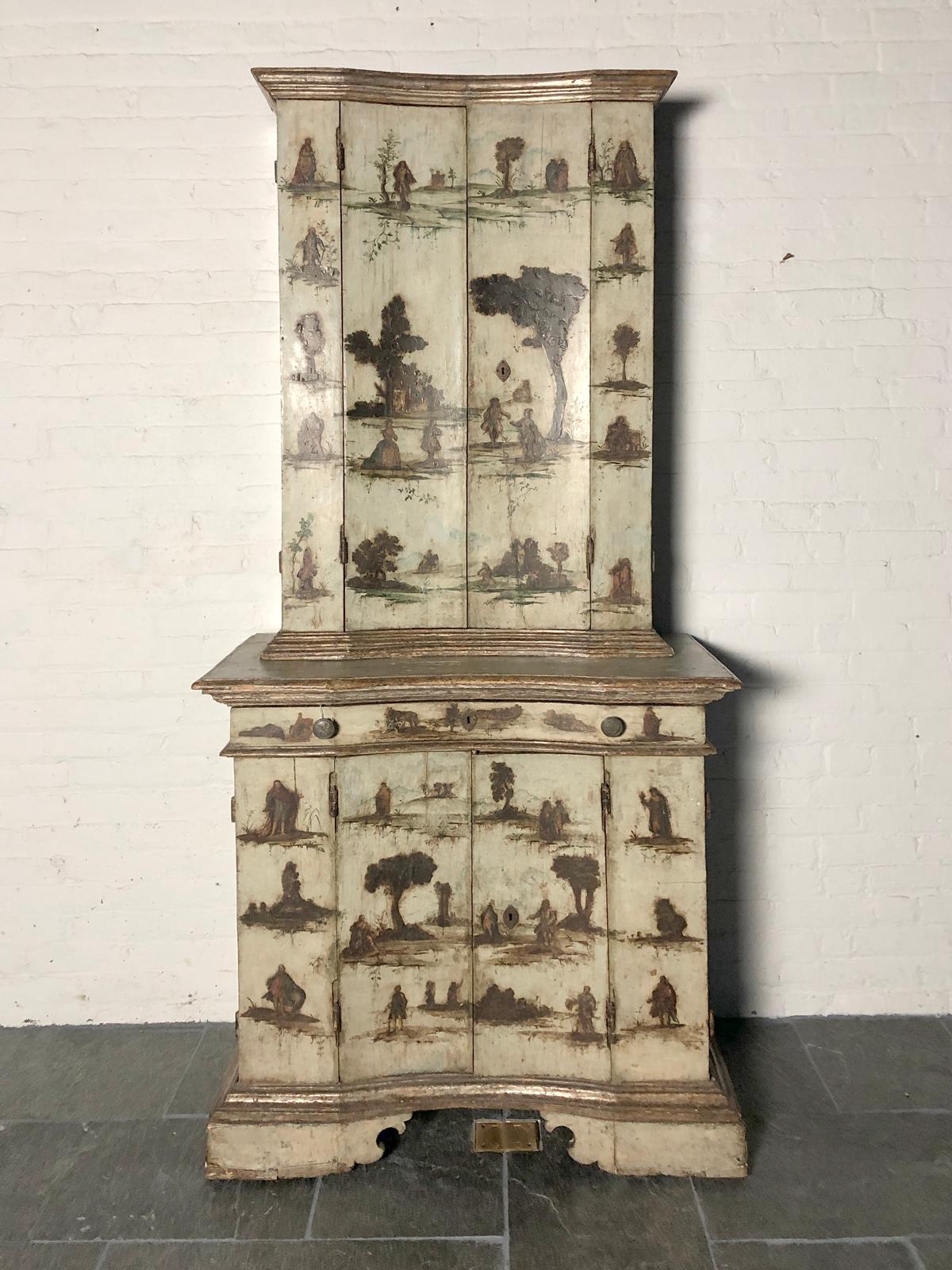 Unusual and rare “Lacca Povera” Cabinet in two parts, Italian, 18th century (ca. 1730), pine / poplar
The upper part with two louvered doors opening to a shelved interior, bottom part with conforming louvered doors revealing a fitted and painted
