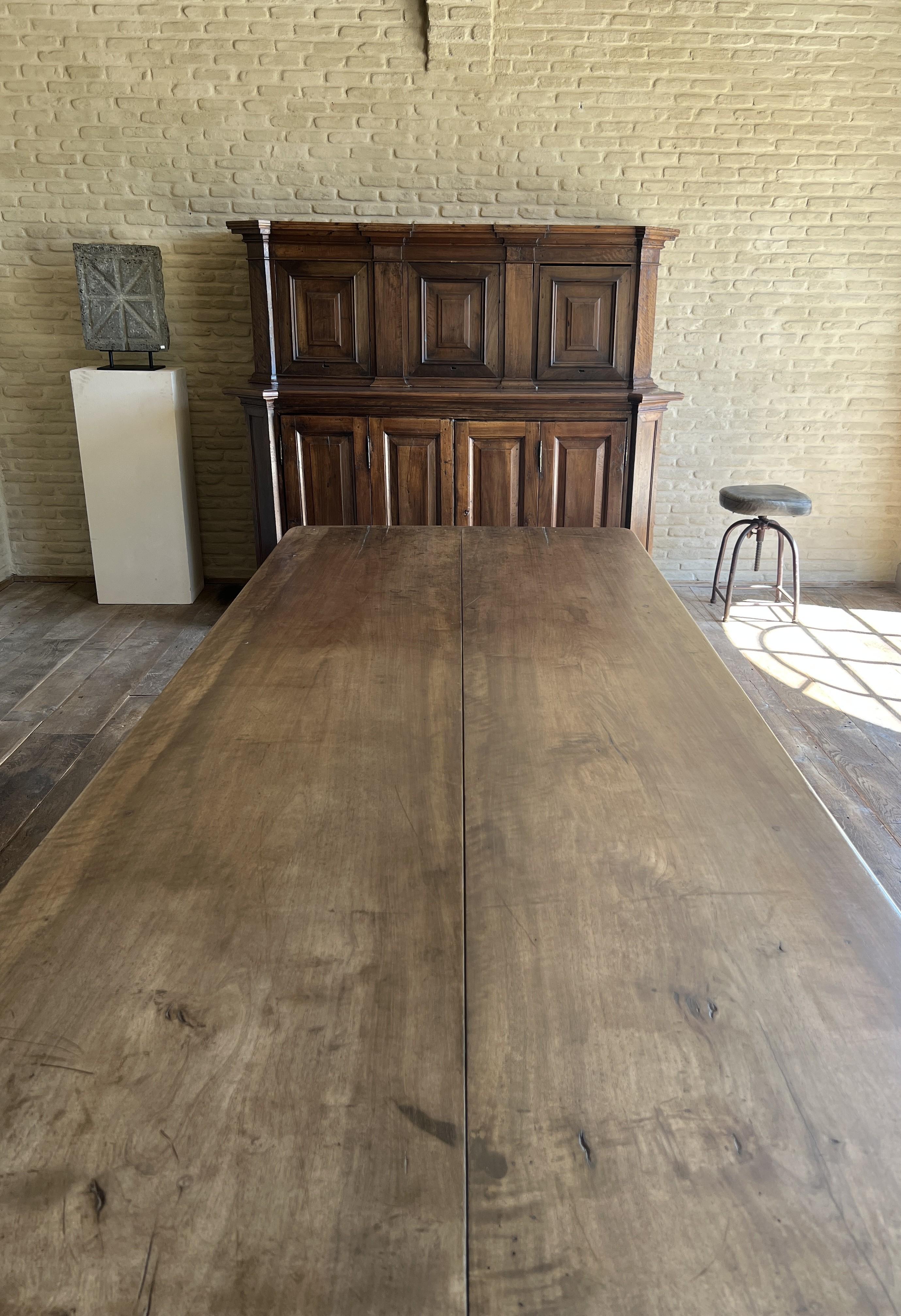 Minimalist Italian 18th century 2 plank top Walnut Refectory Farm Table For Sale