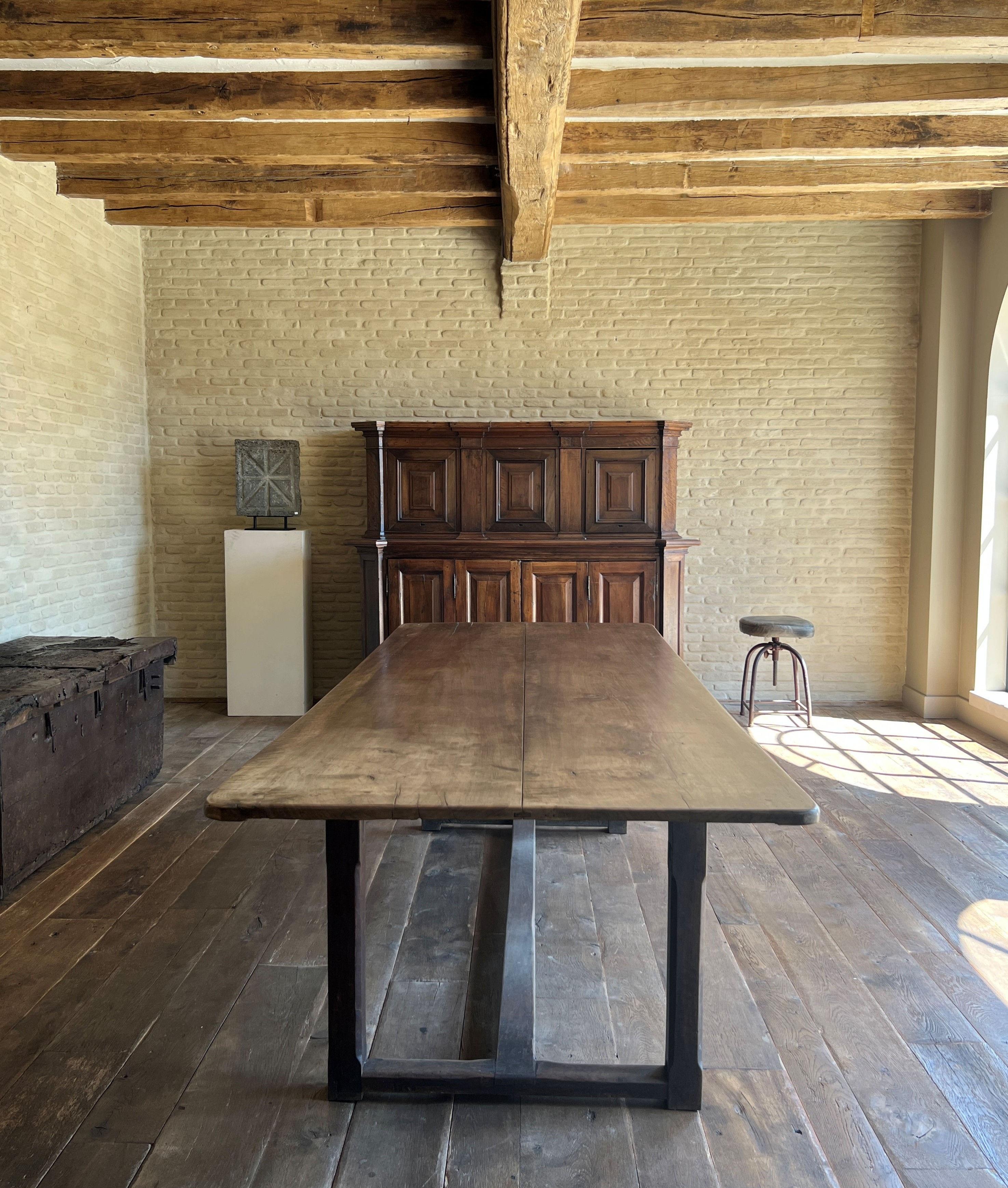 Hand-Crafted Italian 18th century 2 plank top Walnut Refectory Farm Table For Sale