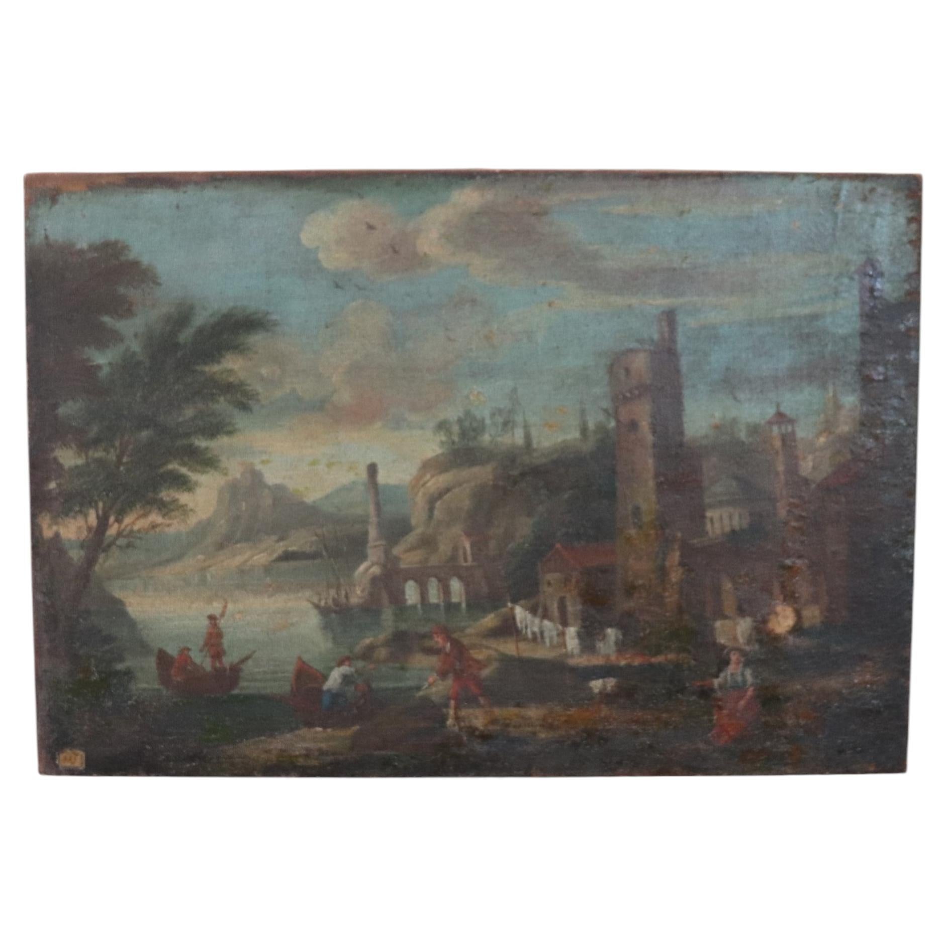 Italian 18th Century Antique Oil Painting on Canvas, Coastal Landscape