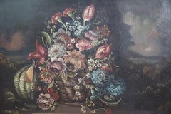 Italian 18th Century Antique Oil Painting on Canvas, Still Life with Flowers