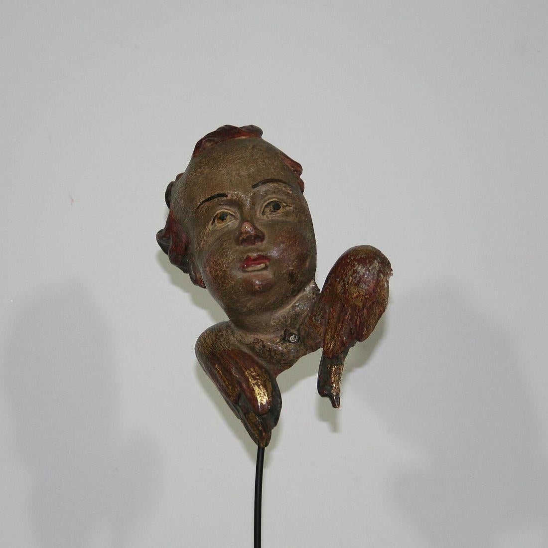 Painted Italian 18th Century Baroque Carved Wooden Angel Head