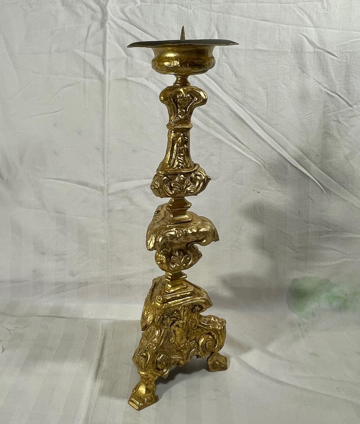 Italian 18th Century Baroque Gilt Copper Candlestick For Sale 9