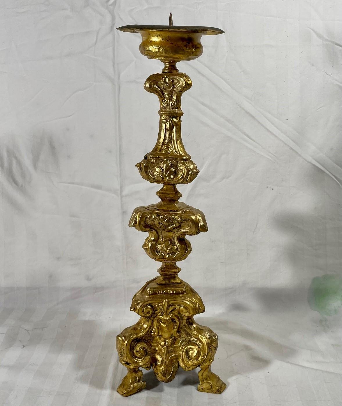 Italian 18th Century Baroque Gilt Copper Candlestick For Sale 12
