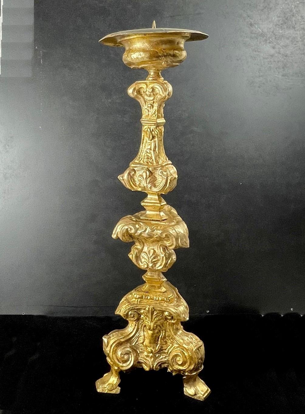 Italian 18th Century Baroque Gilt Copper Candlestick For Sale 4