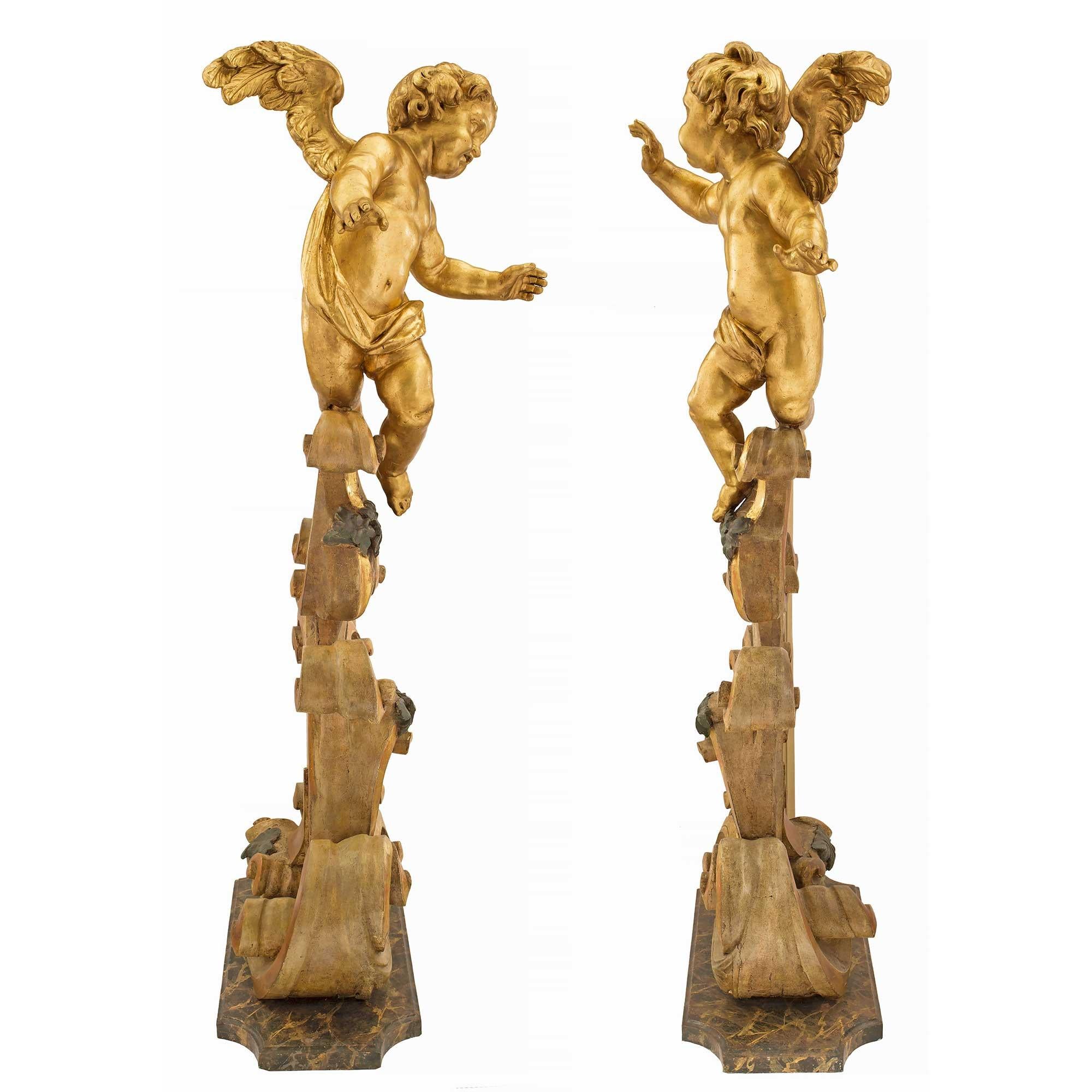 18th Century and Earlier Italian 18th Century Baroque Giltwood and Polychrome Cherub Statues For Sale