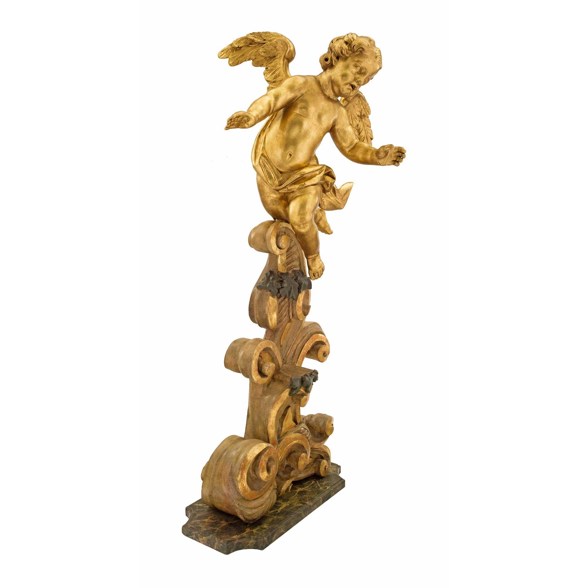 Italian 18th Century Baroque Giltwood and Polychrome Cherub Statues For Sale 1