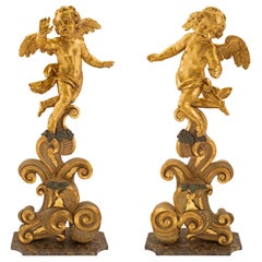 Italian 18th Century Baroque Giltwood and Polychrome Cherub Statues