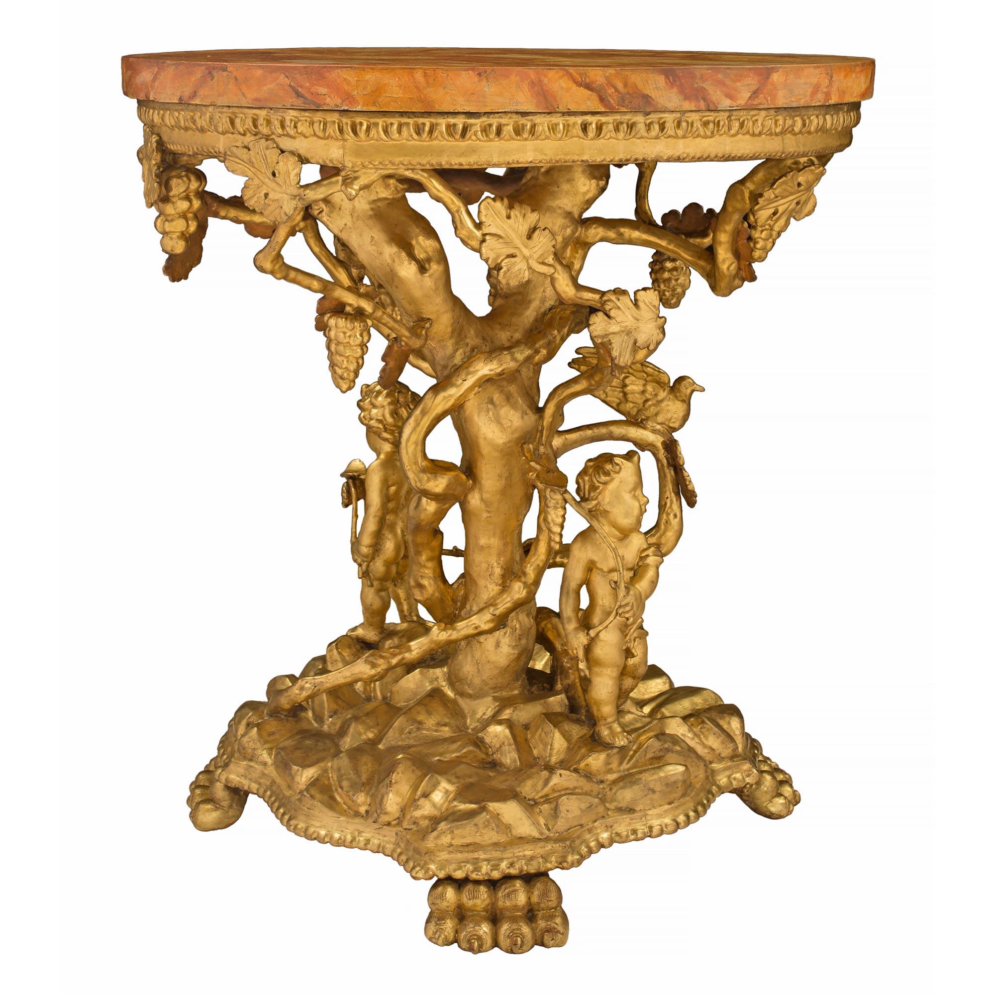 Italian 18th Century Baroque Giltwood & Faux Painted Marble Center/Side Table In Excellent Condition In West Palm Beach, FL