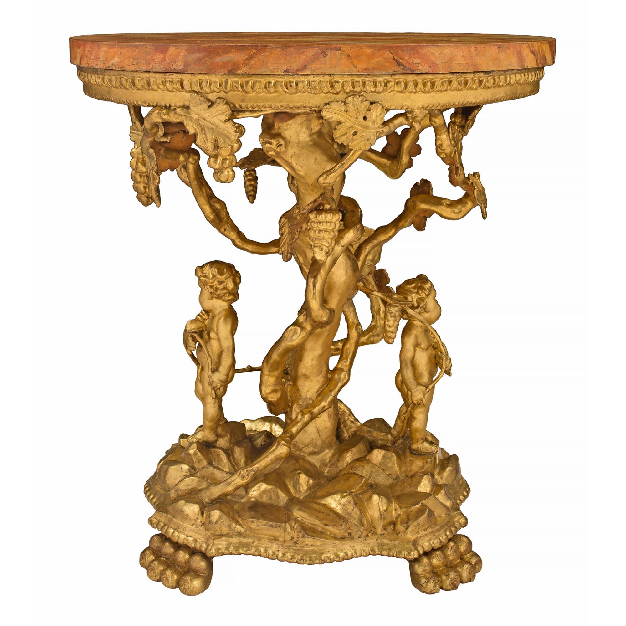 18th Century and Earlier Italian 18th Century Baroque Giltwood & Faux Painted Marble Center/Side Table