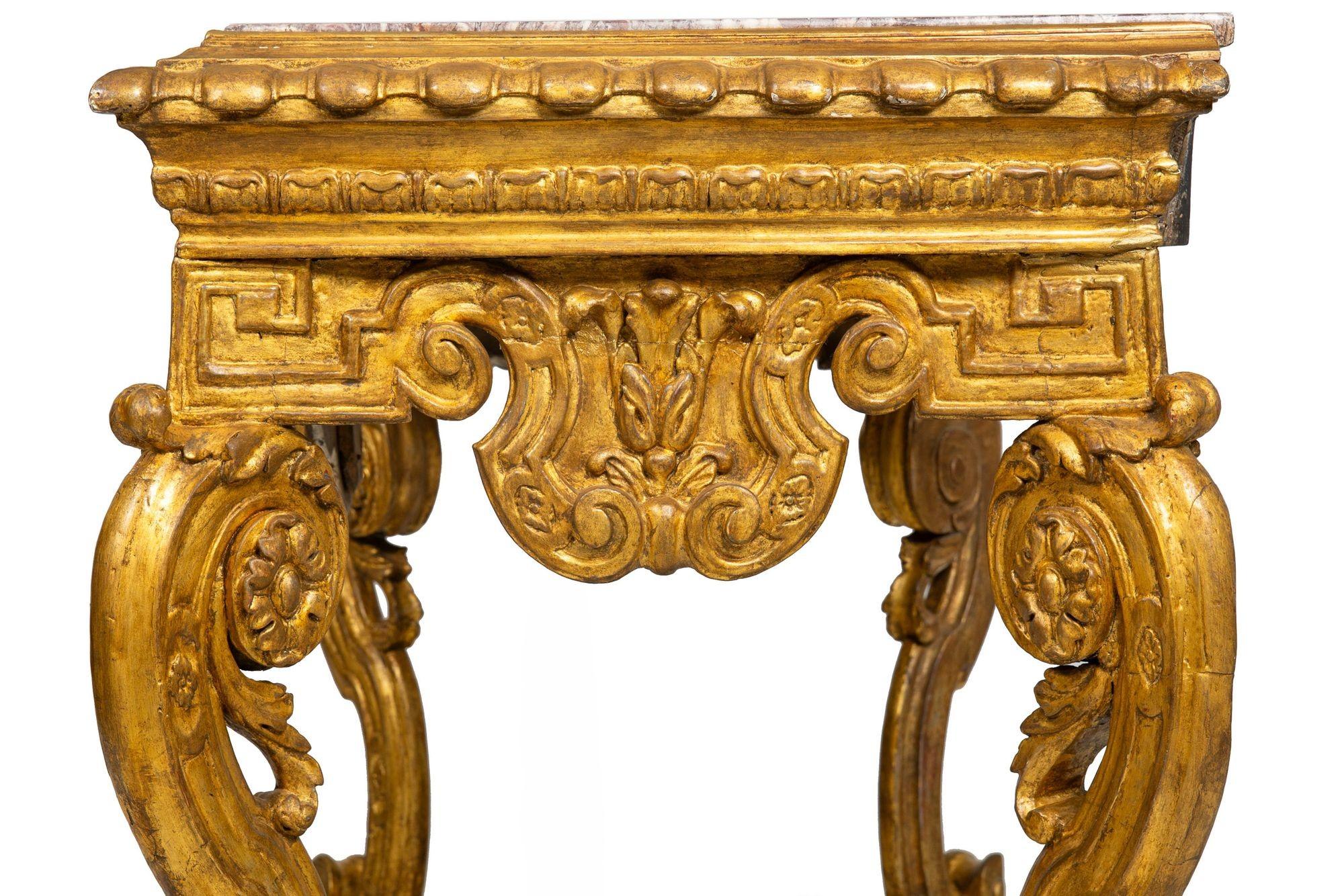 Italian 18th Century Baroque Giltwood Marble Top Console Table For Sale 6